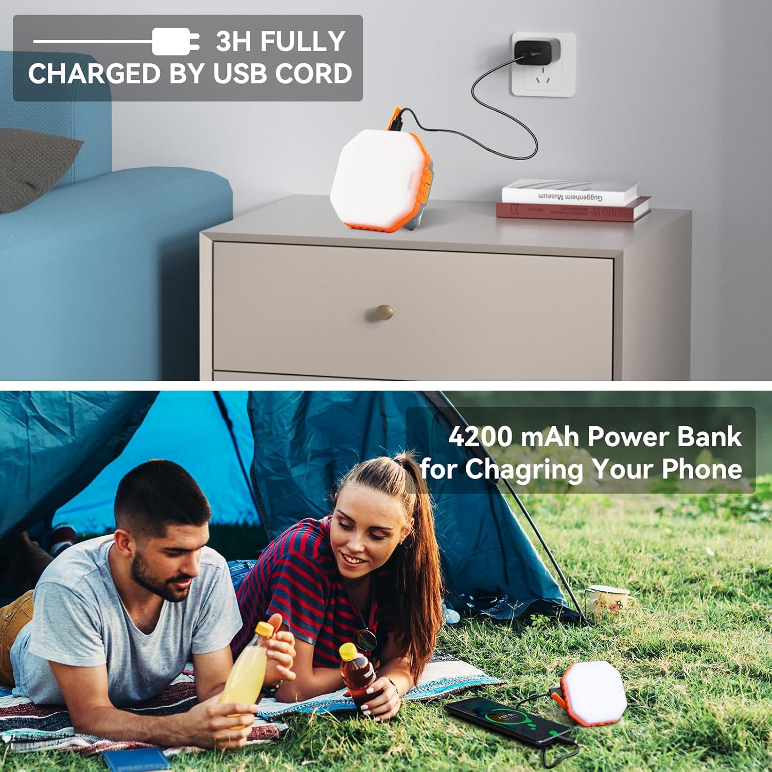 Durapower Luz de camping de energía solar, luz LED recargable para tienda de campaña, banco de energía regulable sin pasos para teléfono, luz LED