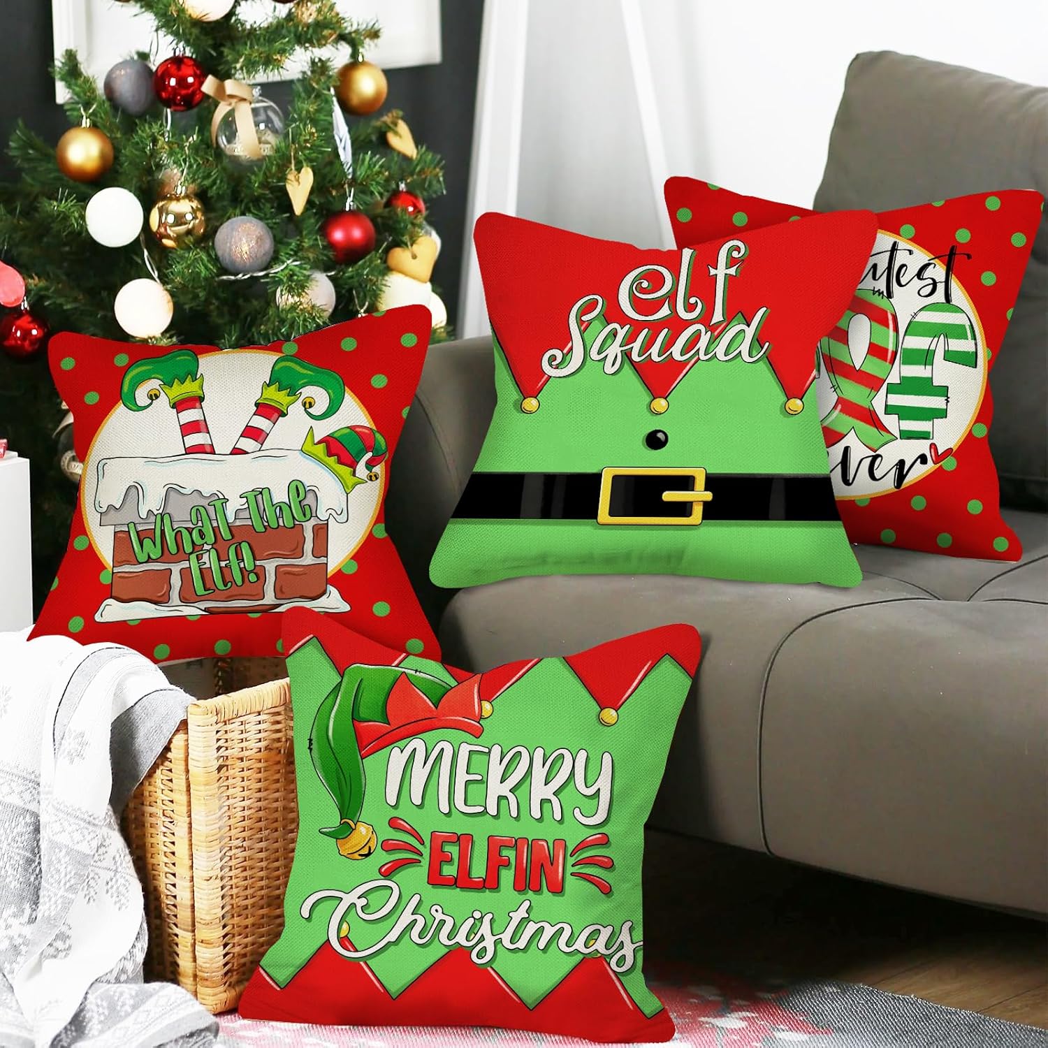 Fundas de almohada decorativas de escuadrón de elfos navideños, diseño de lunares y chimenea de Navidad, decoración del hogar, funda de cojín de