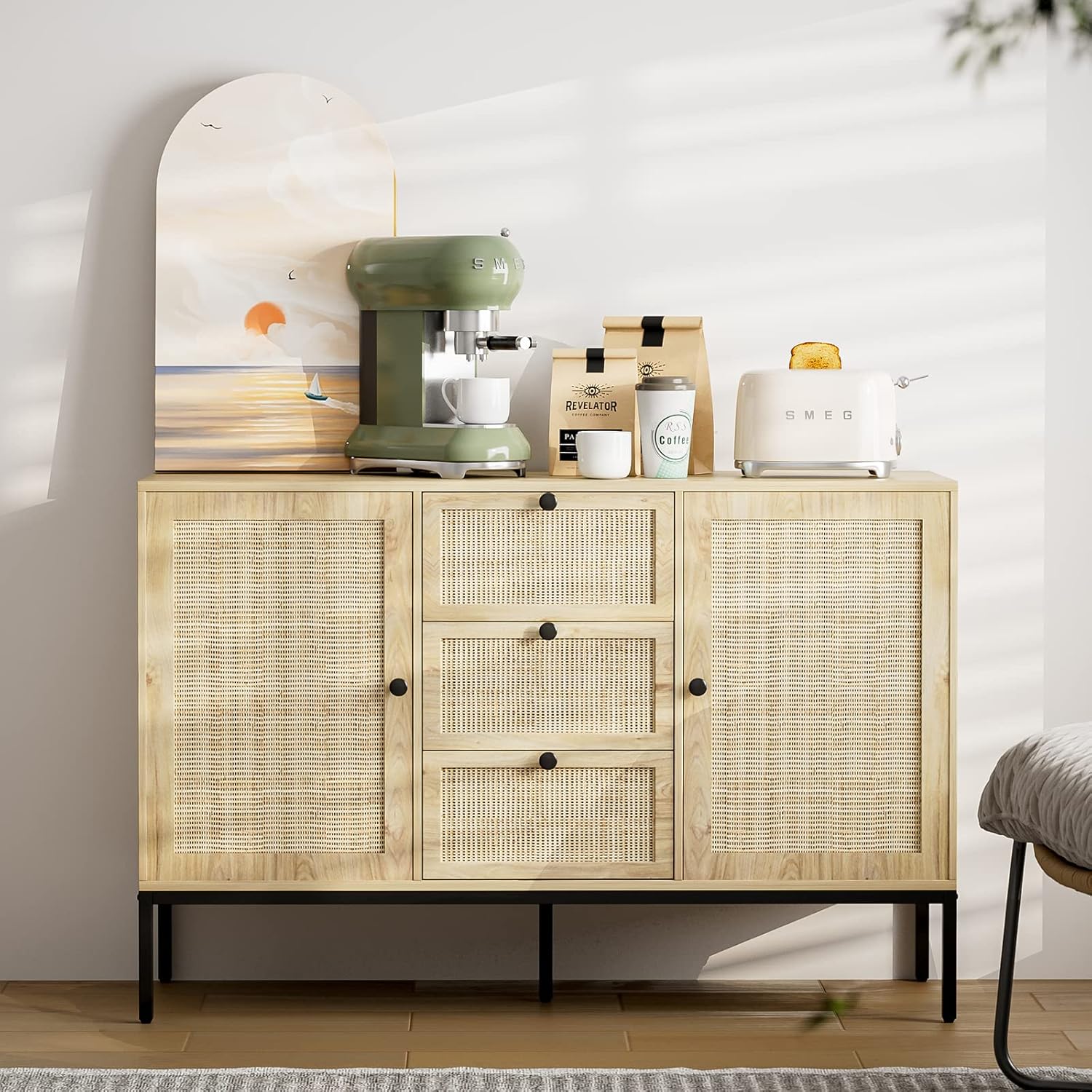 Aparador de ratán con almacenamiento, armario con puertas y estantes, armario decorativo con cajones para sala de estar, cocina, comedor, entrada