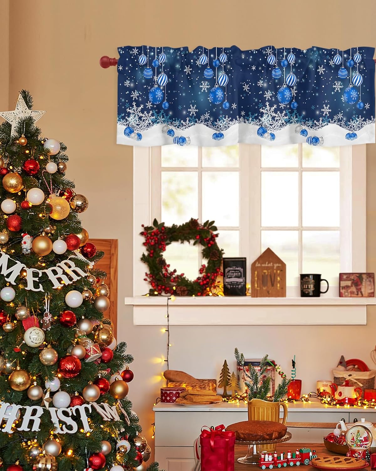 Cenefa de ventana de Navidad, copos de nieve de invierno, tratamiento de ventanas, bolas de Navidad, color azul, con bolsillo para barra, cenefa de
