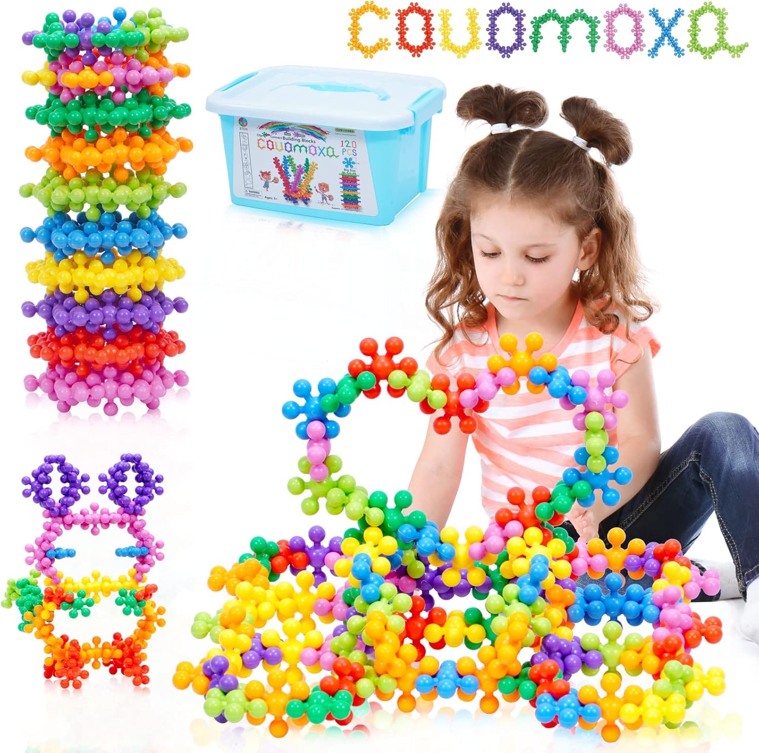 COUOMOXA Juego de 120 piezas de bloques de construcción entrelazados con clip, juguete educativo STEM temprano para niños y niñas de 3, 4, 5, 6, 7,