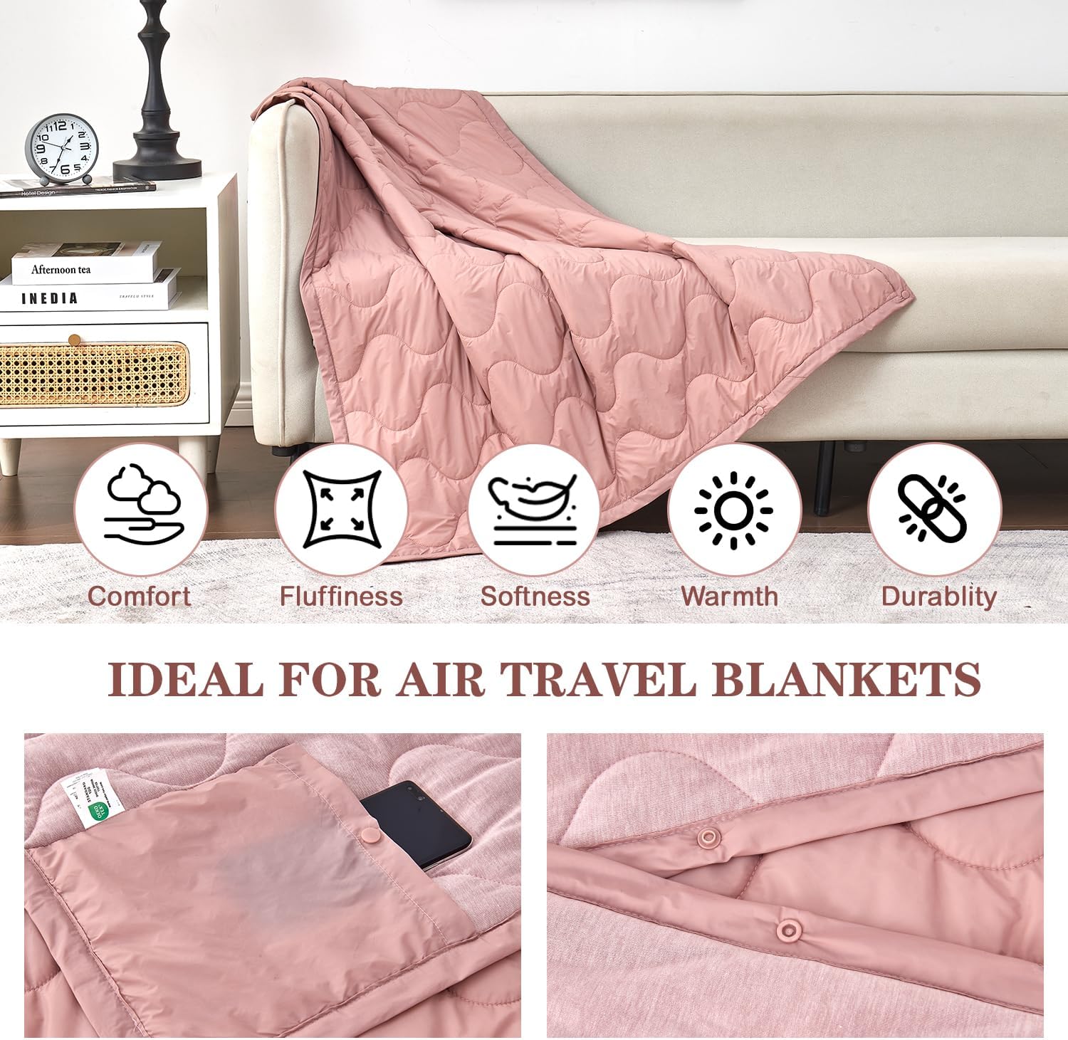 Commollis Juego de manta de viaje de lujo  Juego de manta de viaje y almohada  Almohada inflable portátil para el cuello de viaje y manta suave de