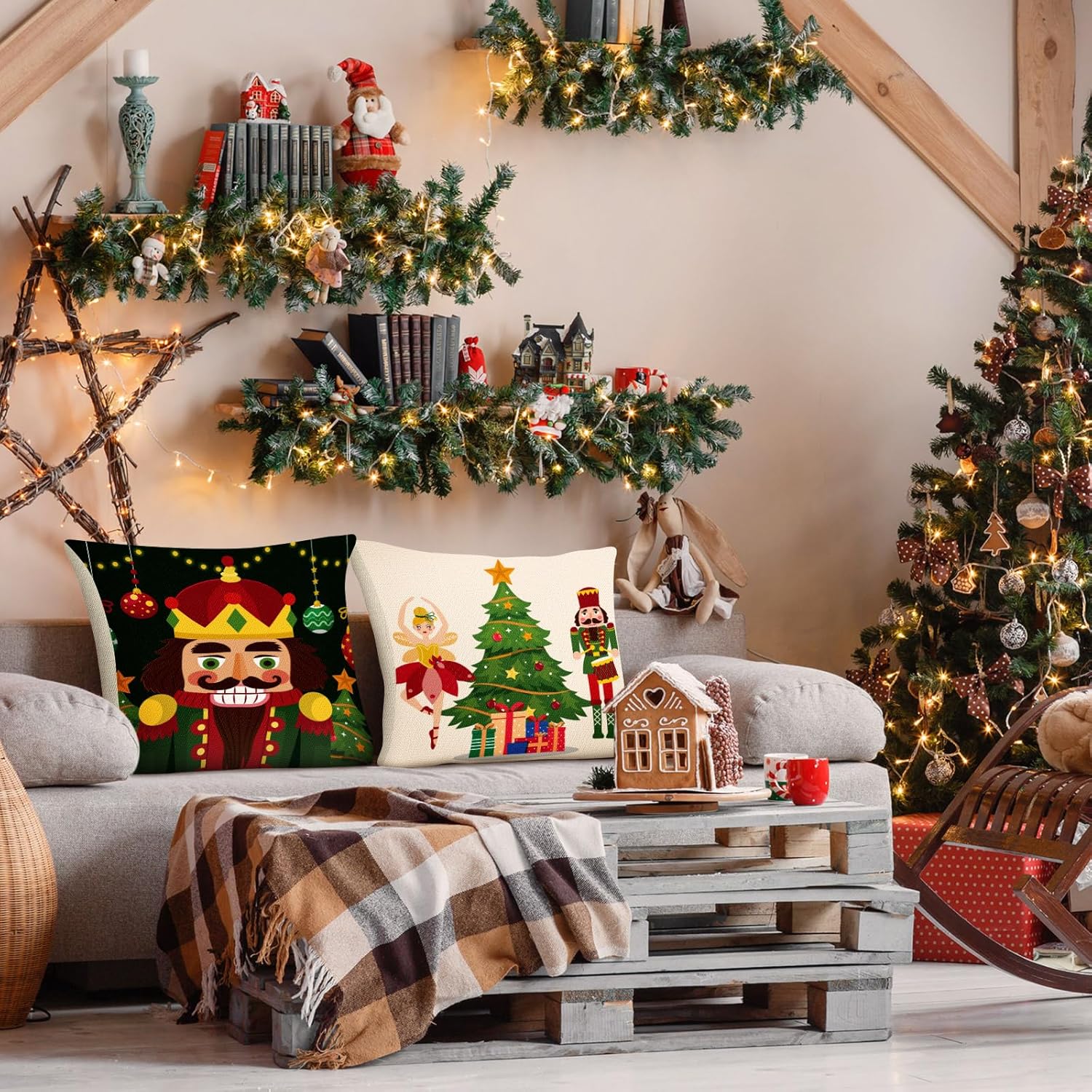 Tatuo 6 fundas de almohada de cascanueces de Papá Noel de Navidad, decoración de cojín de Papá Noel, 18 x 18 pulgadas, decoración navideña para