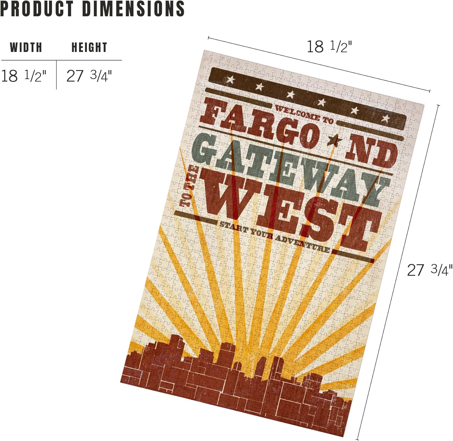 Fargo, Dakota del Norte, Skyline y Sunburst estilo serigrafiado (rompecabezas de 1000 piezas, tamaño 19 x 27, rompecabezas desafiante para adultos y
