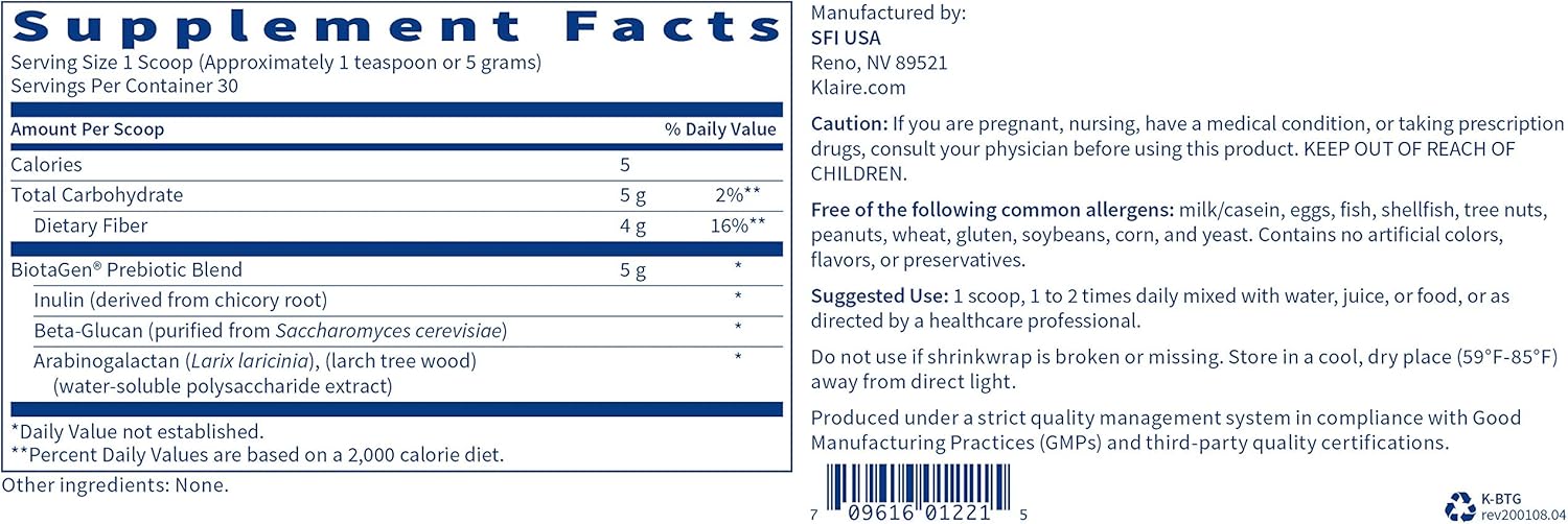 Klaire Labs Biotagen Powder – Inulina prebiótica, beta-glucano y arabinogalactano para apoyar la microbiota intestinal (30 porciones, 5.29 onzas)