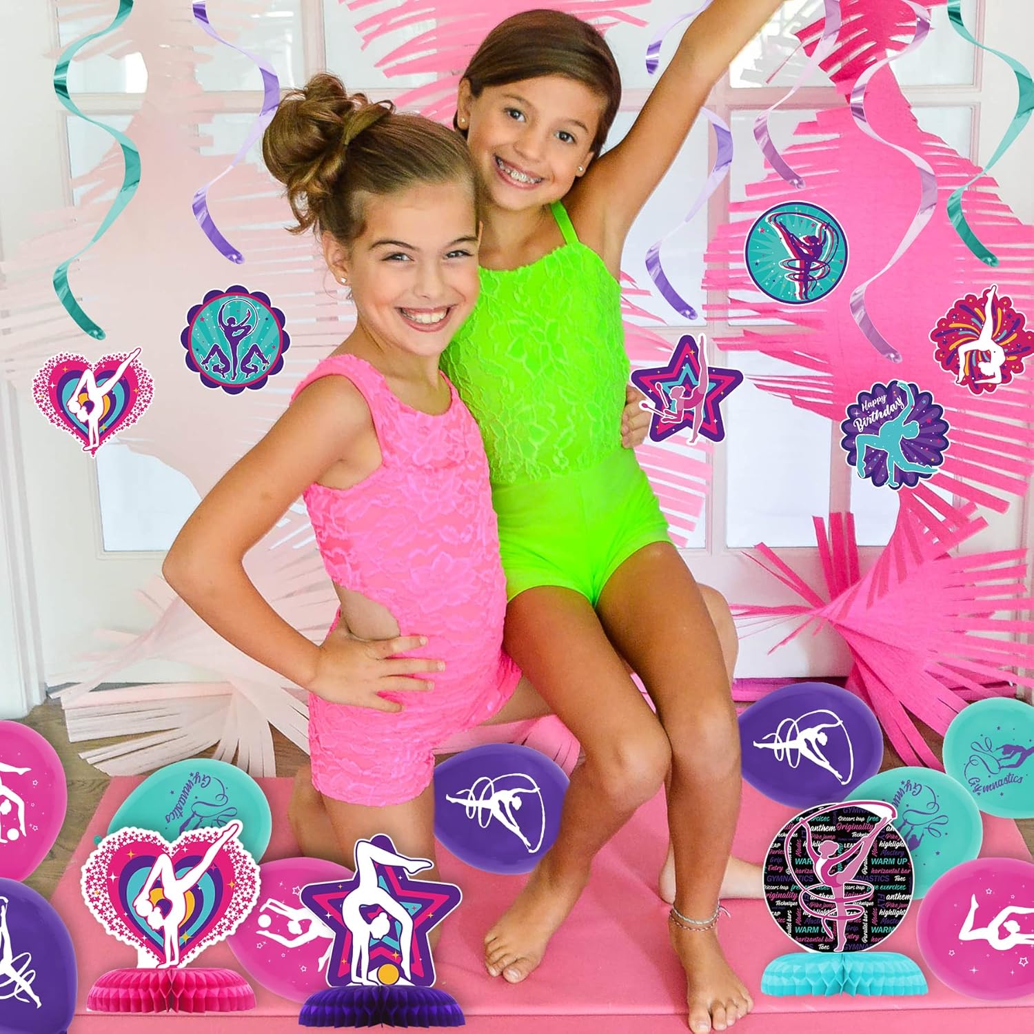 Decoraciones de fiesta de cumpleaños de gimnasia, conjunto de suministros para fiesta de gimnasia con pancarta de cumpleaños, centro de mesa,