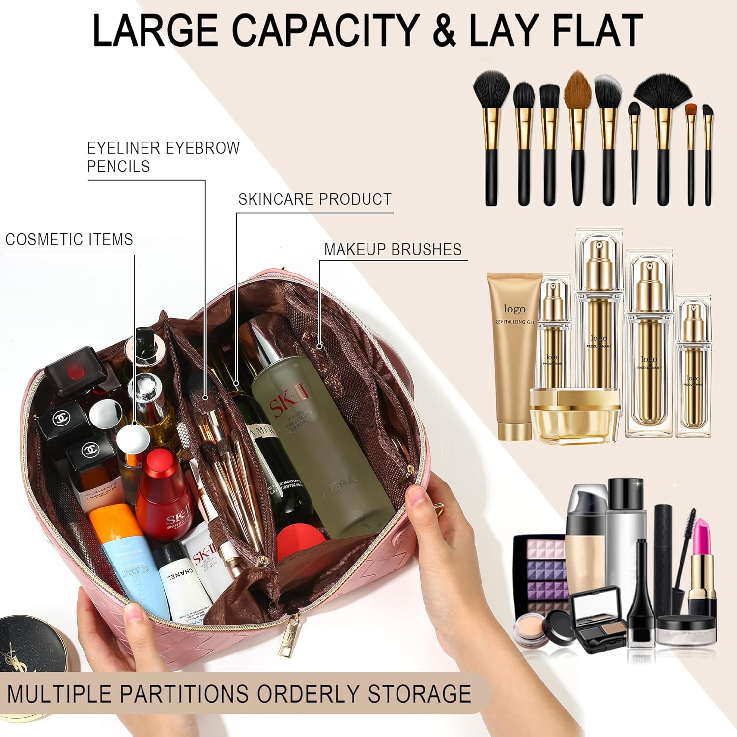 YOOLIFE Bolsa de cosméticos de viaje de gran capacidad  Bolsa de maquillaje portátil con inicial para mujer, bolsa organizadora de maquillaje de