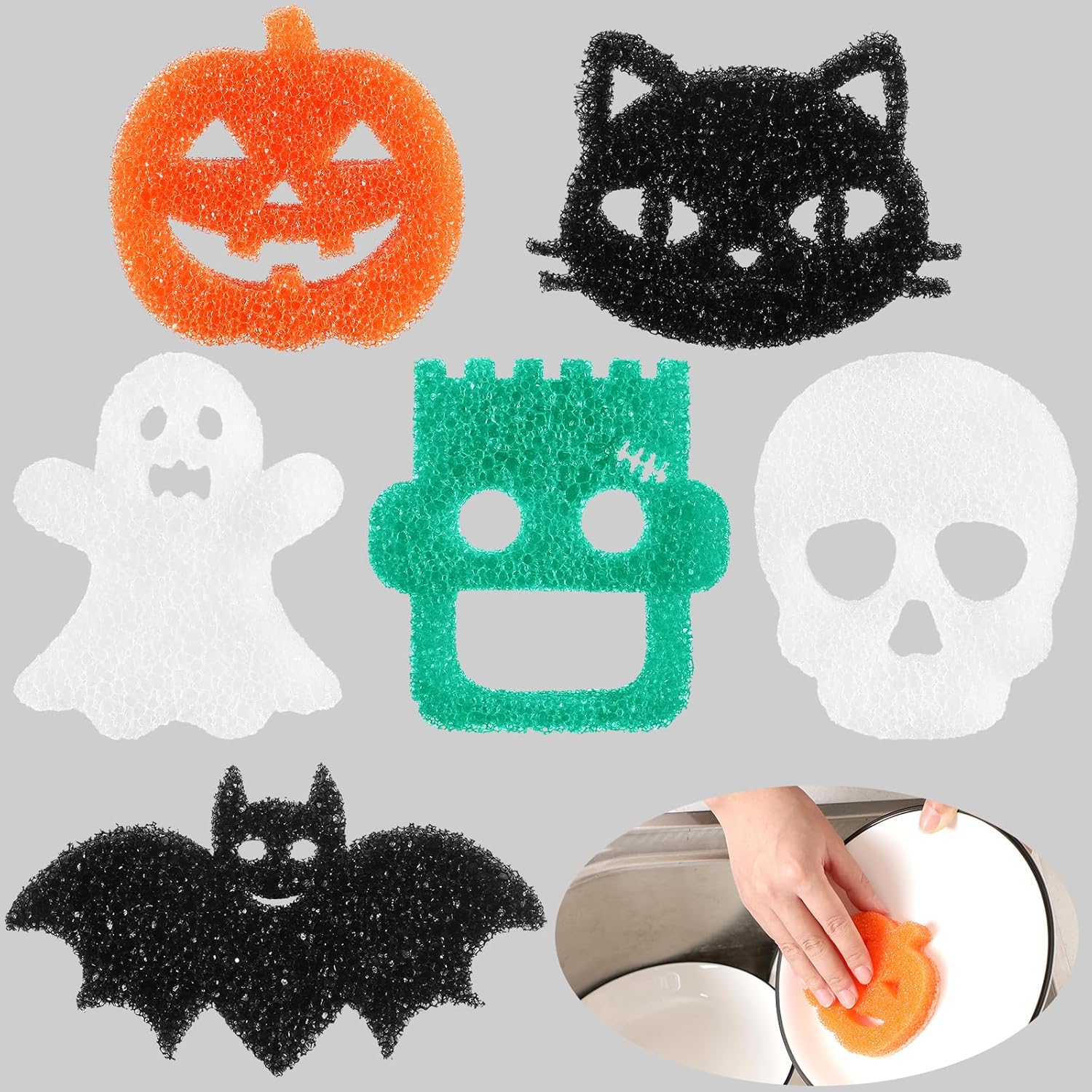Umigy 6 esponjas de limpieza de Halloween, lindas esponjas de limpieza para cocina, fantasma, murciélago, calabaza, gato, esponja sensible a la