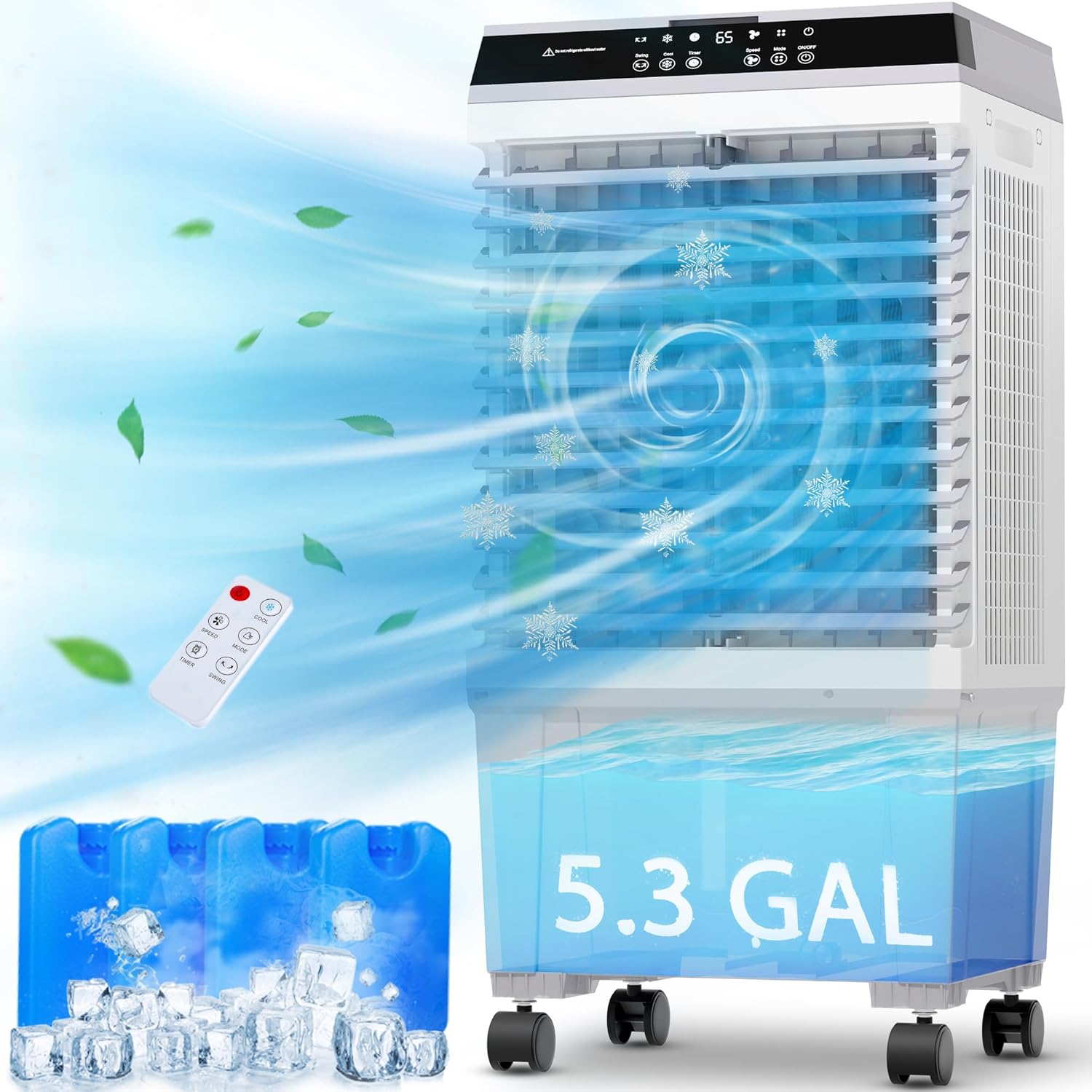 Sungdogin Enfriador de aire evaporativo, enfriador portátil de pantano con control remoto, ventilador de agua con tanque de agua de 5.3 galones,