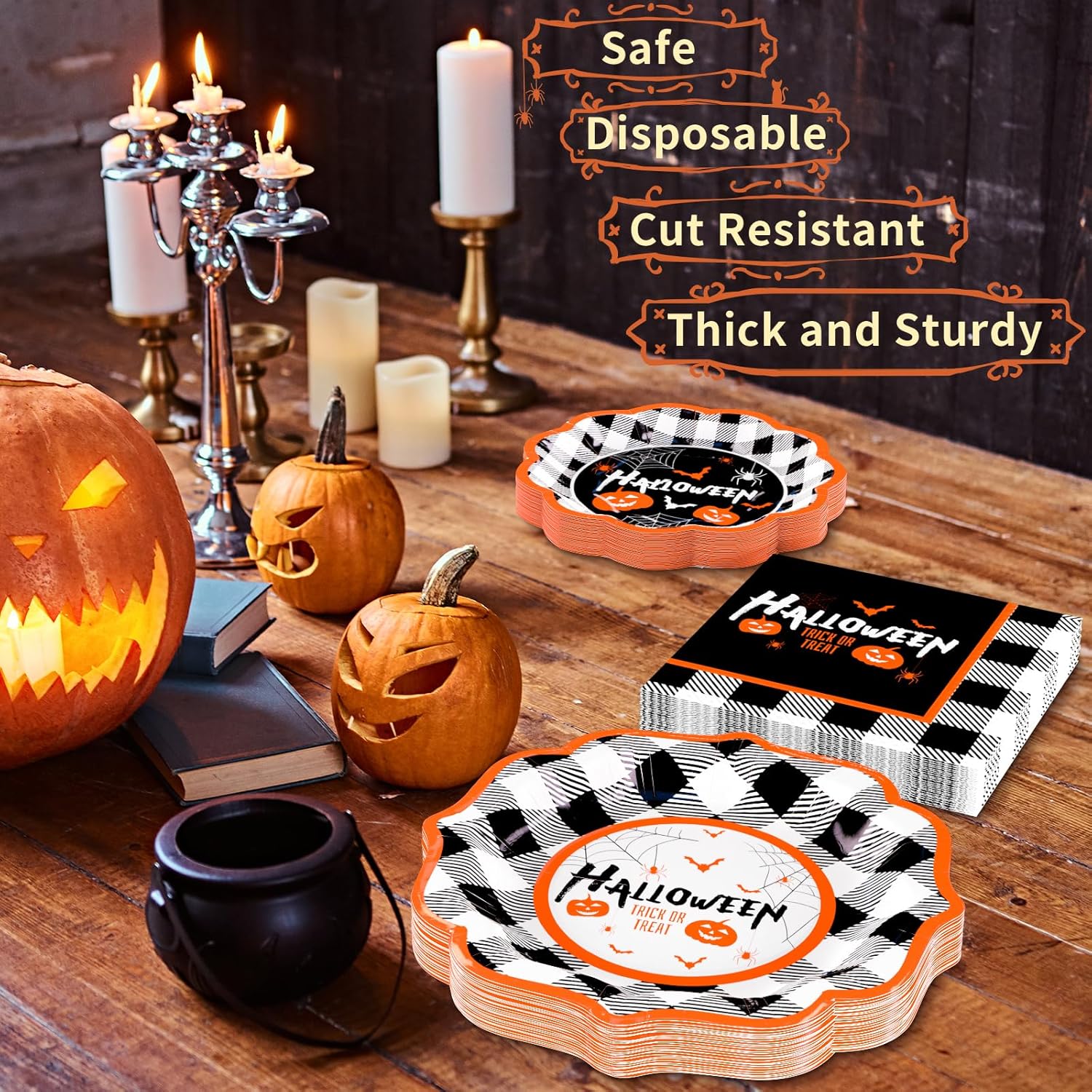 DYLIVeS Kit de suministros para fiesta de Halloween, vajilla desechable de calabaza y murciélagos a cuadros de Halloween, incluye platos de cena,