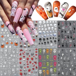 8 hojas de calcomanías de arte de uñas de Halloween, lindas calcomanías de fantasma, calabaza, calavera, gato, espeluznante, diseño de calavera 8 hojas de calcomanías de arte de uñas de Halloween, lindas calcomanías de fantasma, calabaza, calavera, gato, espeluznante, diseño de calavera
