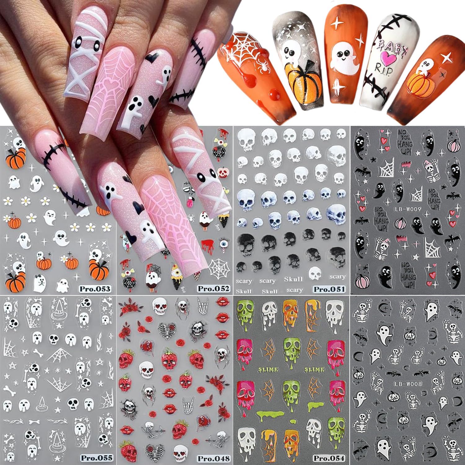 8 hojas de calcomanías de arte de uñas de Halloween, lindas calcomanías de fantasma, calabaza, calavera, gato, espeluznante, diseño de calavera