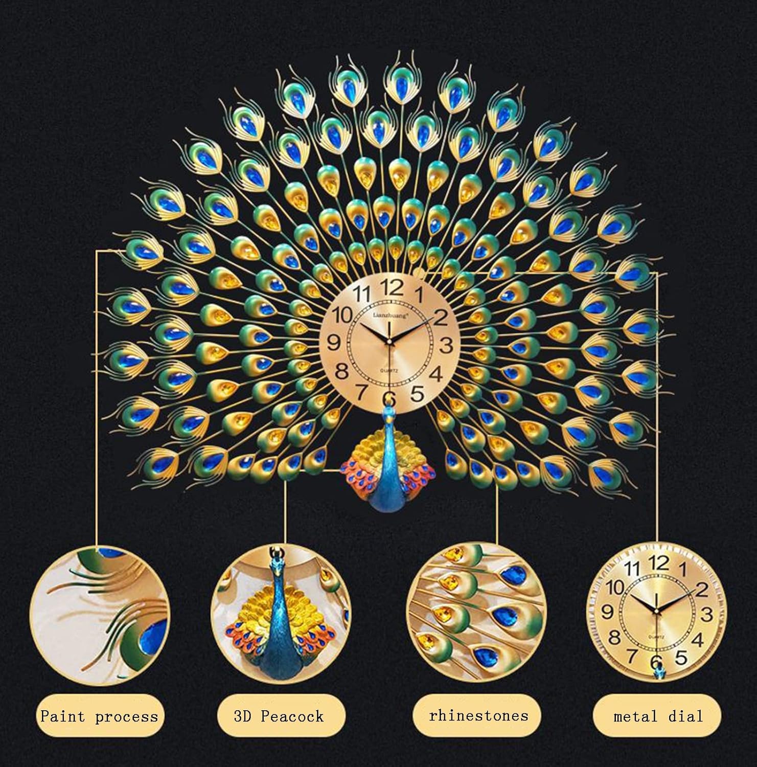 Reloj de pared grande de pavo real con diamantes de cristal, esfera de arte moderno, reloj de pared silencioso de cristal 3D, aguja de metal,