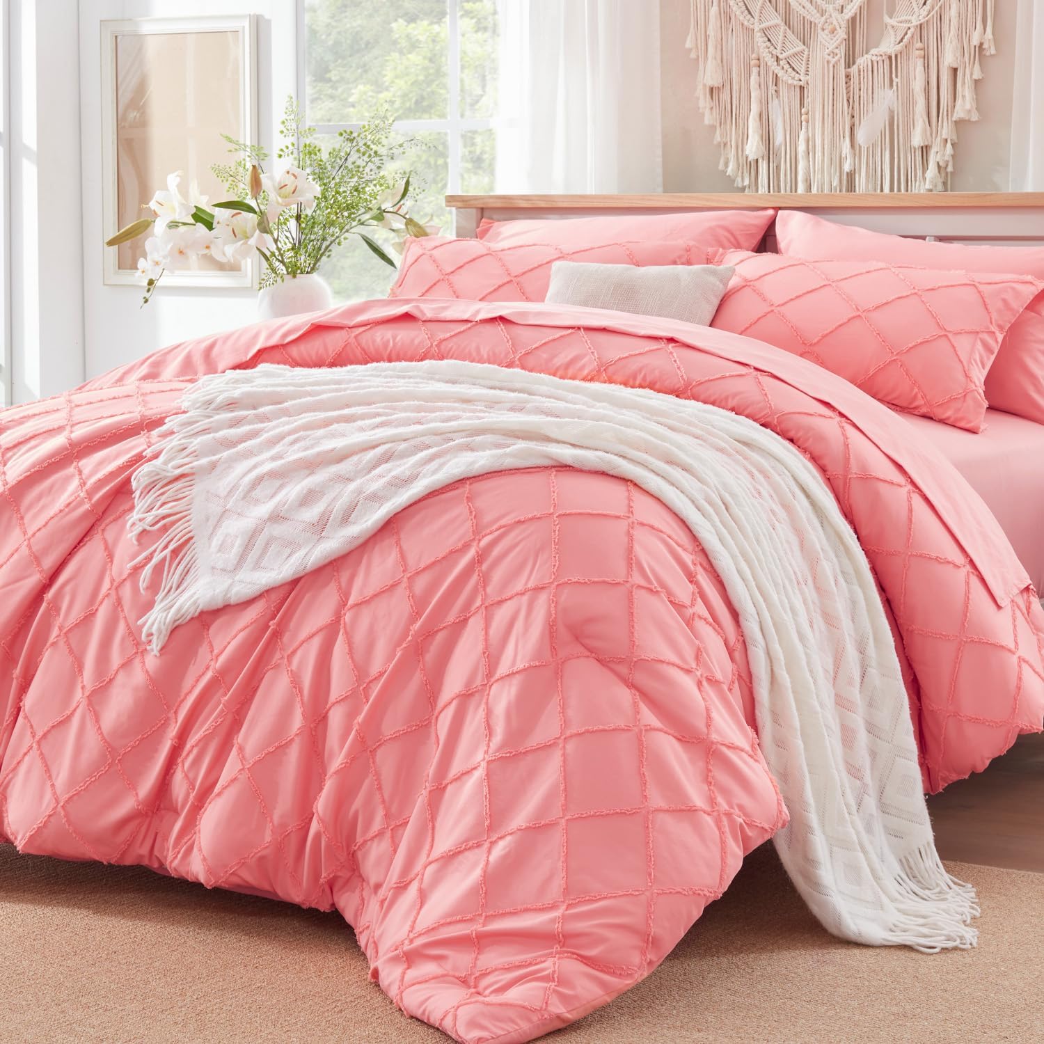 Gotroolhome Juego de edredón rosa coral con diseño copetudo, juegos de ropa de cama de granja para todas las estaciones, cama Queen suave de 7
