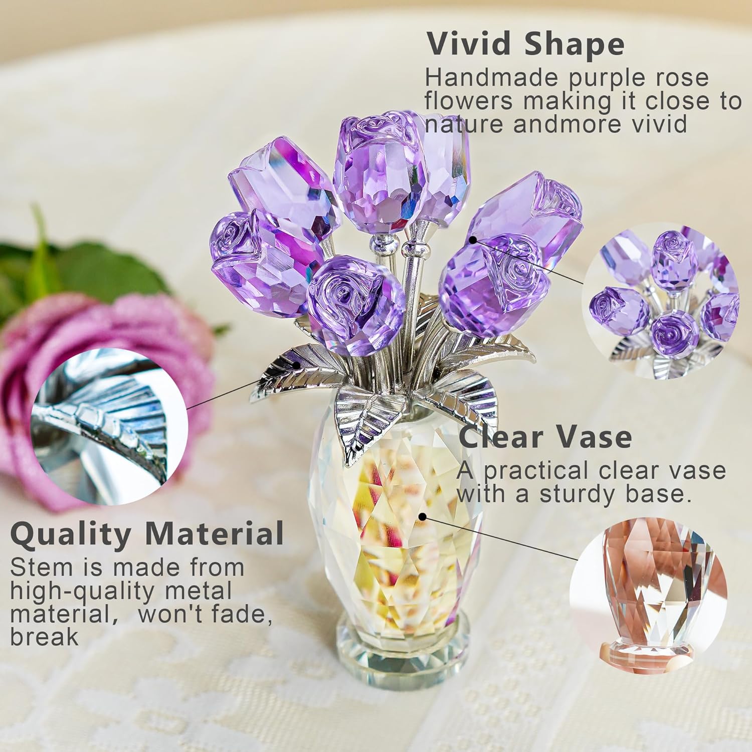 H&D HYALINE & DORA Figura de flores moradas de cristal, regalos de rosas para mamá, esposa, abuela, adorno coleccionable de flores de cristal, Día