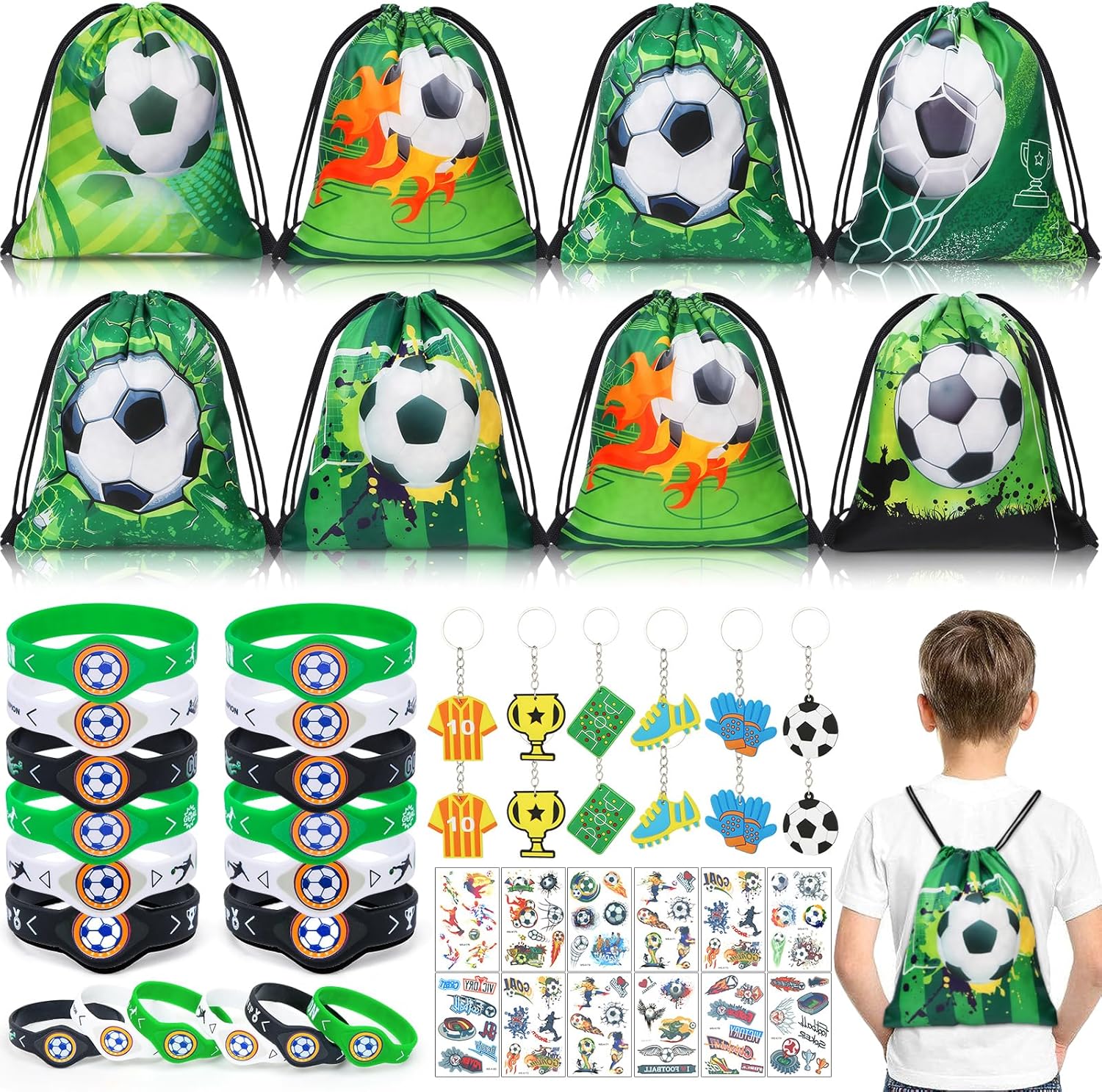 Winrayk Juego de 12 regalos de fiesta de fútbol, suministros de cumpleaños, bolsas con cordón, pulseras de silicona, llavero, calcomanías de