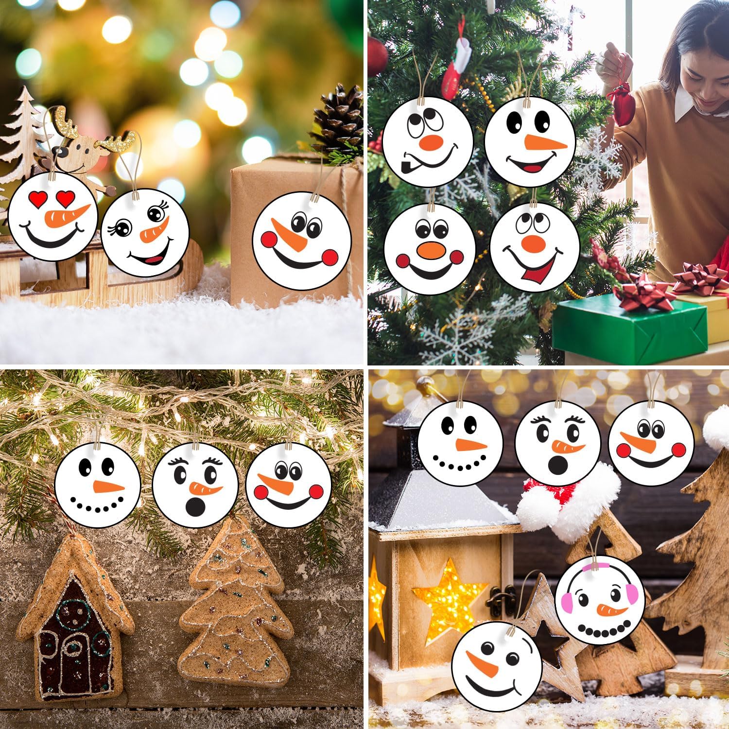 24 piezas de adornos de madera con cara de muñeco de nieve de Navidad, adornos de árbol de Navidad, decoración colgante, cara de muñeco de nieve,