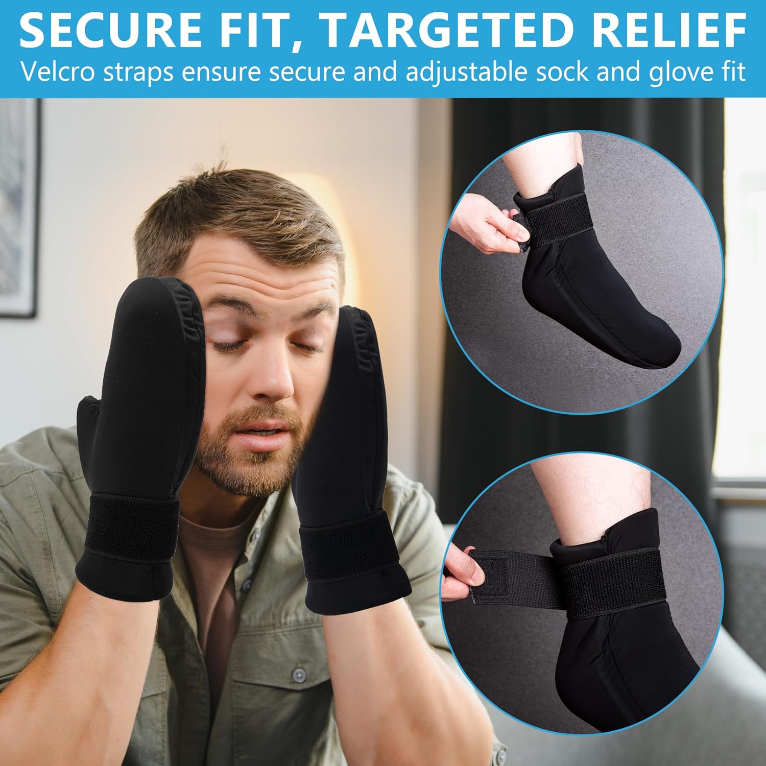 Tilcare – Kit de terapia de frío  Calcetines de gel reutilizables para pies de hielo, gorra fría y guantes de hielo para neuropatía por