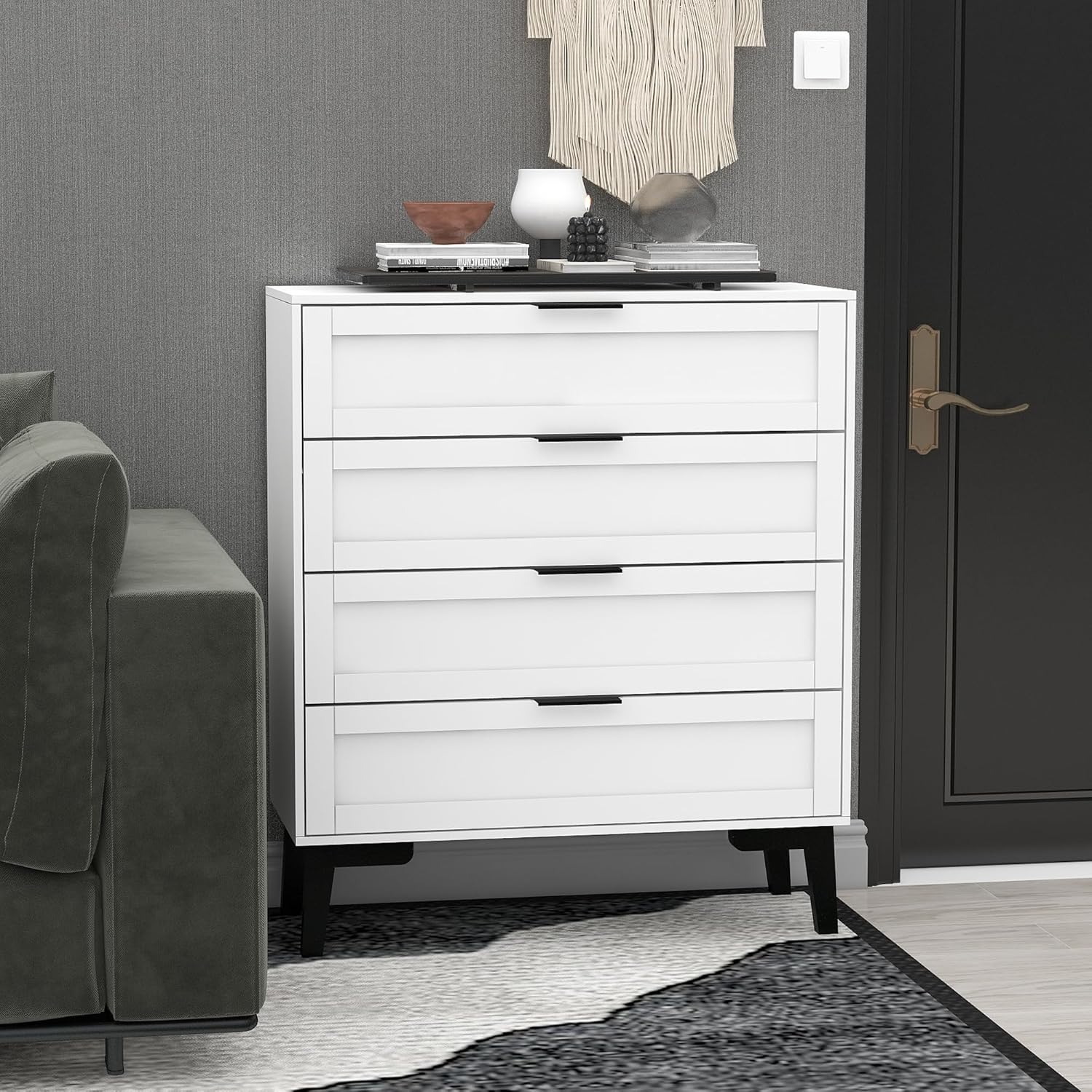 TaoHFE Cómoda blanca de 4 cajones para dormitorio, cómoda de lencería de madera para dormitorio, moderna de 36 pulgadas de alto, cómoda blanca para