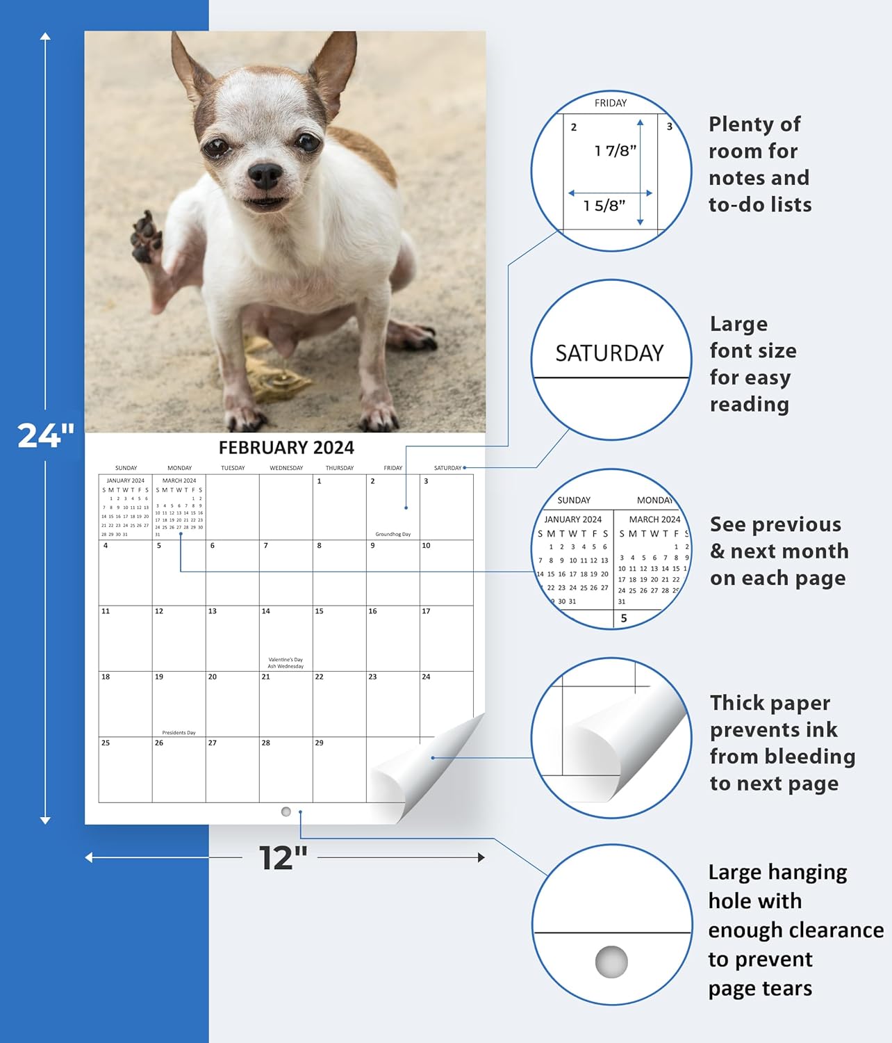 Calendario mensual de pared 2024 Funny Dogs Marking Territory  12 x 24 pulgadas  Calendario de perro de regalo de broma 2024