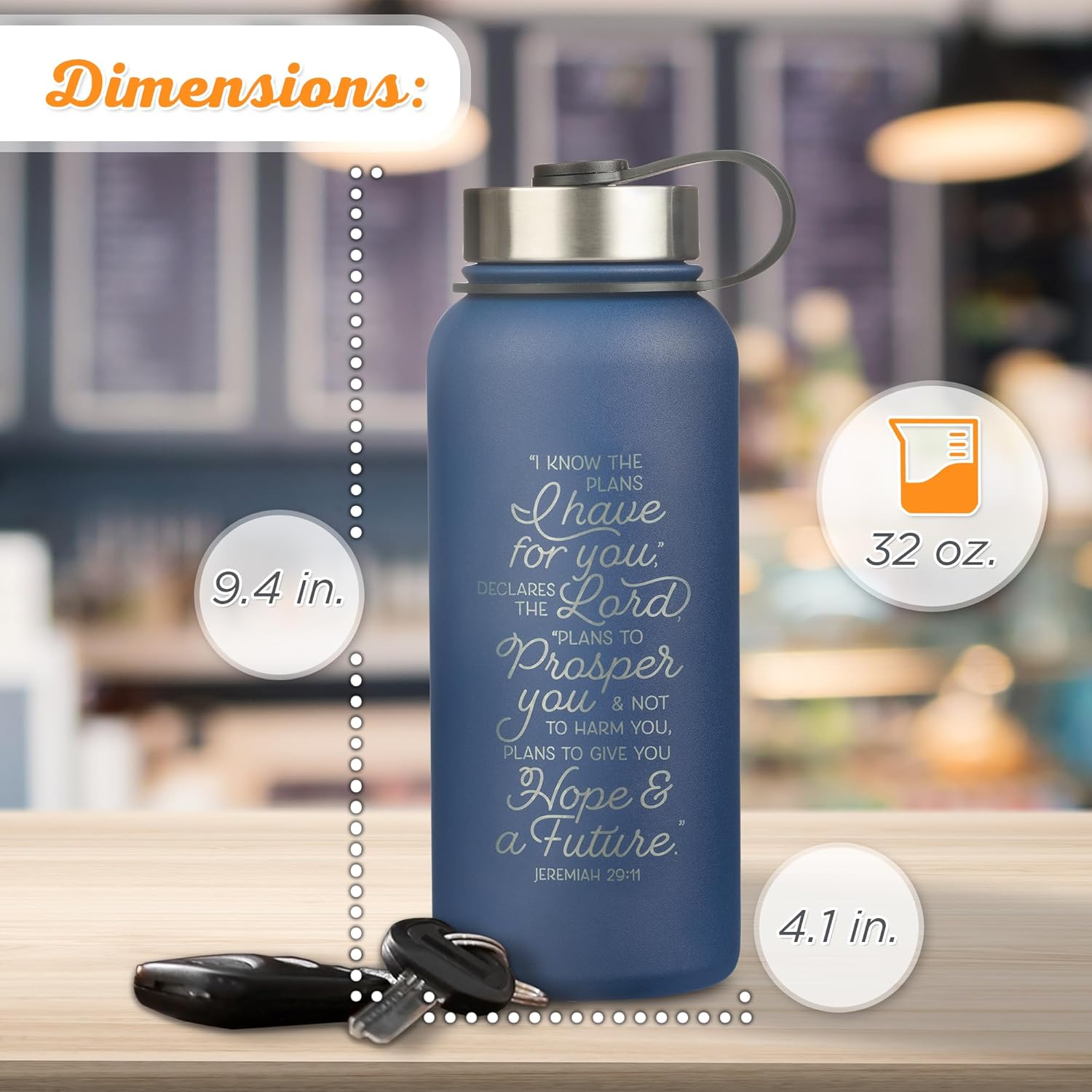 Christian Art Gifts Botella de agua grande de acero inoxidable de doble pared sellada al vacío para mujeres, hombres y graduados I Know the Plans –