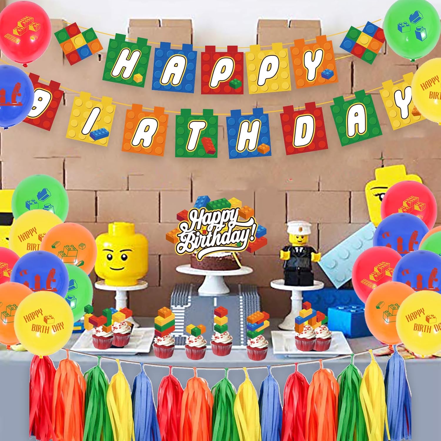 PRATYUS Decoraciones de cumpleaños de bloques de construcción para niños, suministros de fiesta temática de ladrillo y bloque con pancarta,
