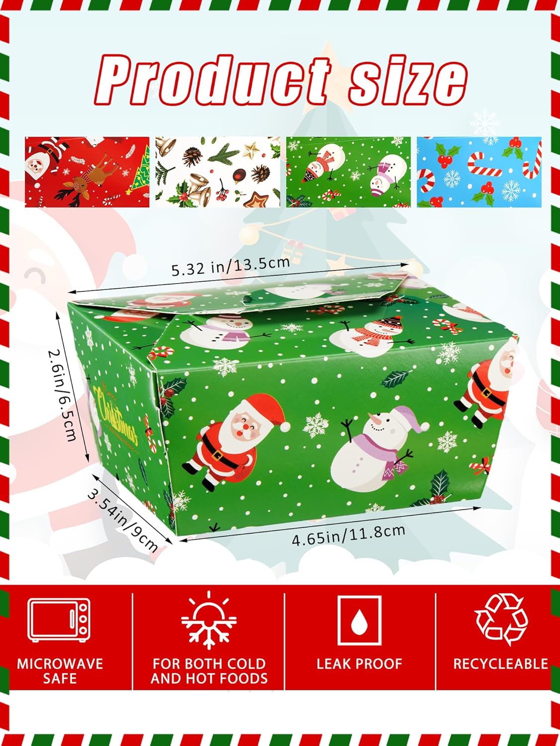Paquete de 60 cajas de comida para llevar de Navidad de 2.56 x 4.65 x 3.54 pulgadas, cajas desechables de Navidad para llevar, cajas de regalo de