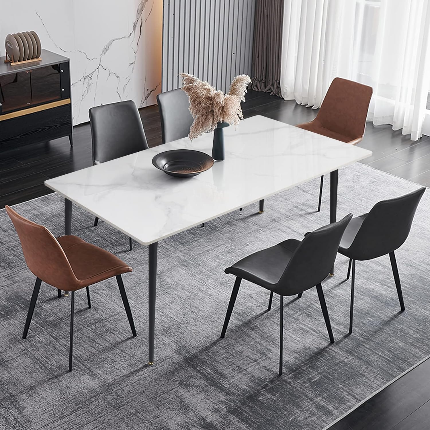 Wisfor Mesa de comedor de piedra sinterizada mesa de cocina blanca de 47.2 x 27.5 pulgadas con patas de metal para comedor – Mesa de restaurante de