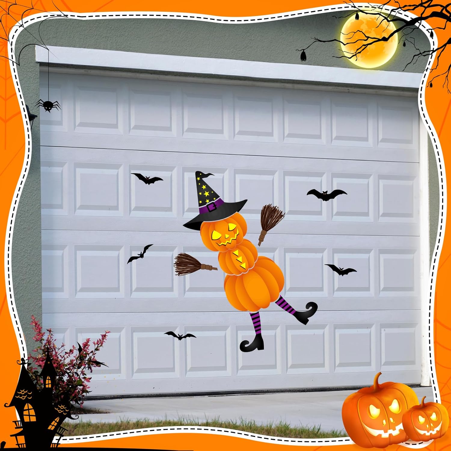14 imanes de Halloween para puerta de garaje, decoraciones de calabaza de 42.5 pulgadas, decoración de puerta de calabaza grande, murciélago,