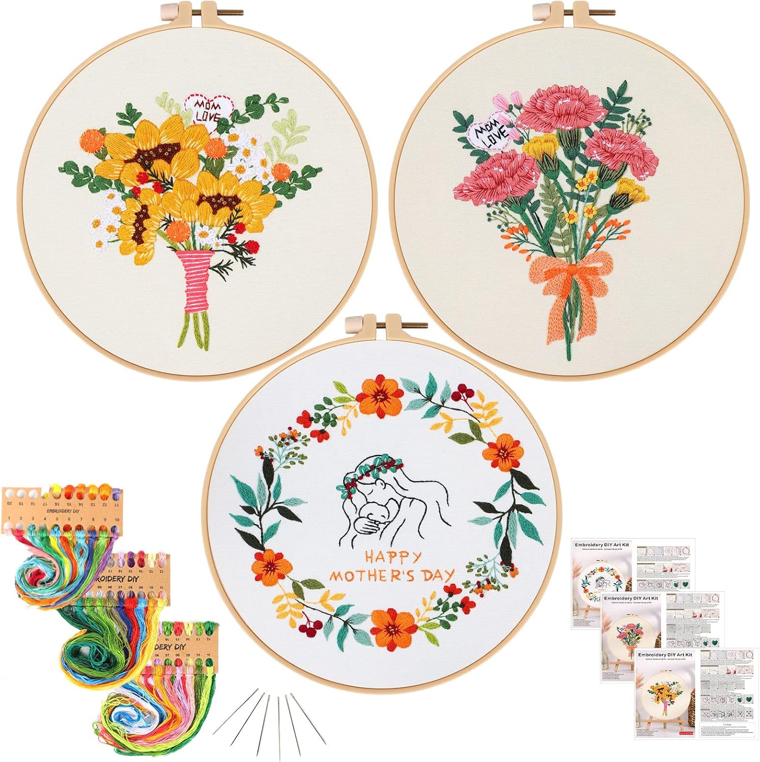 KAMEUN Kits de bordado temáticos para el Día de la Madre para adultos principiantes, 3 juegos de bordado para principiantes de bordado, kits de