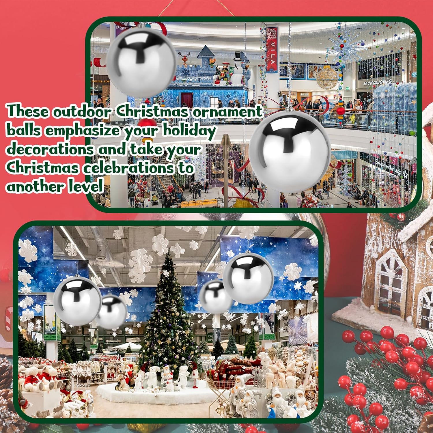 Adornos de bola de Navidad jumbo de 10 pulgadas, bolas de plástico resistentes a los rayos UV y al agua, bola grande y brillante, adornos de bola de