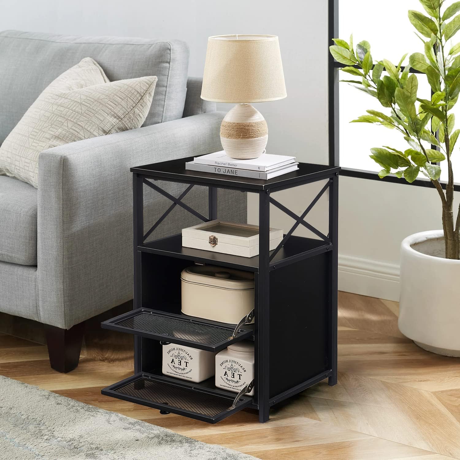VECELO Mesita de noche, mesa auxiliar con espacio de almacenamiento y puerta, mesitas de noche modernas para sala de estar, dormitorio, mármol