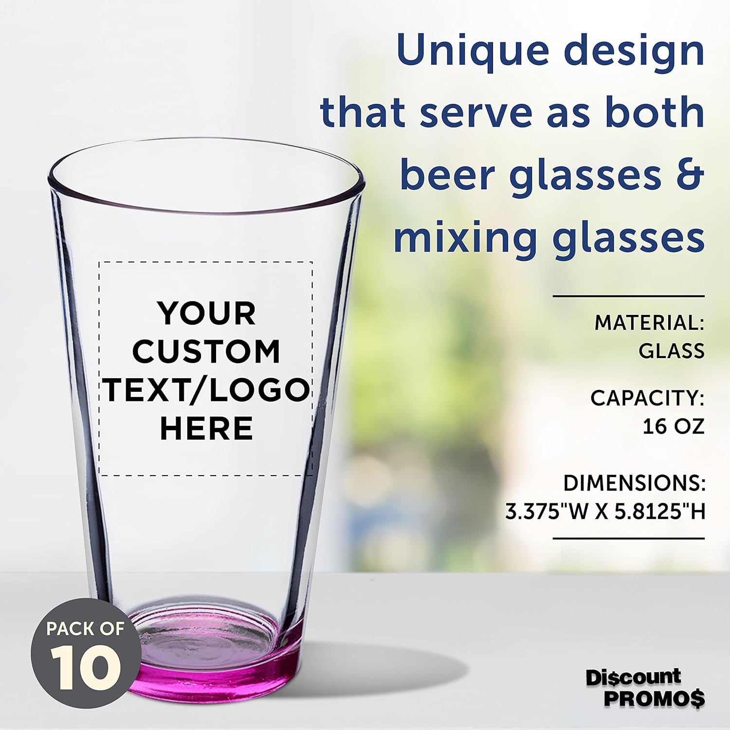 DISCOUNT PROMOS Juego de 10 vasos de cerveza personalizados de 16 onzas, paquete a granel personalizado, cristalería resistente para restaurantes,