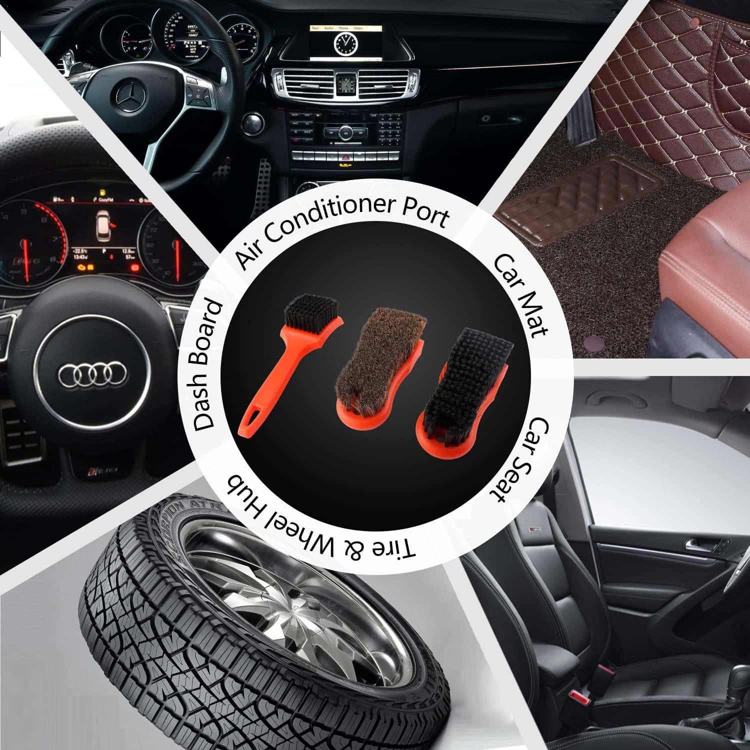 SPTA Kit de 4 cepillos para detalles de coche, cepillo interior de cuero y textil, agarre cómodo y limpieza sin arañazos para salpicadero de coche,