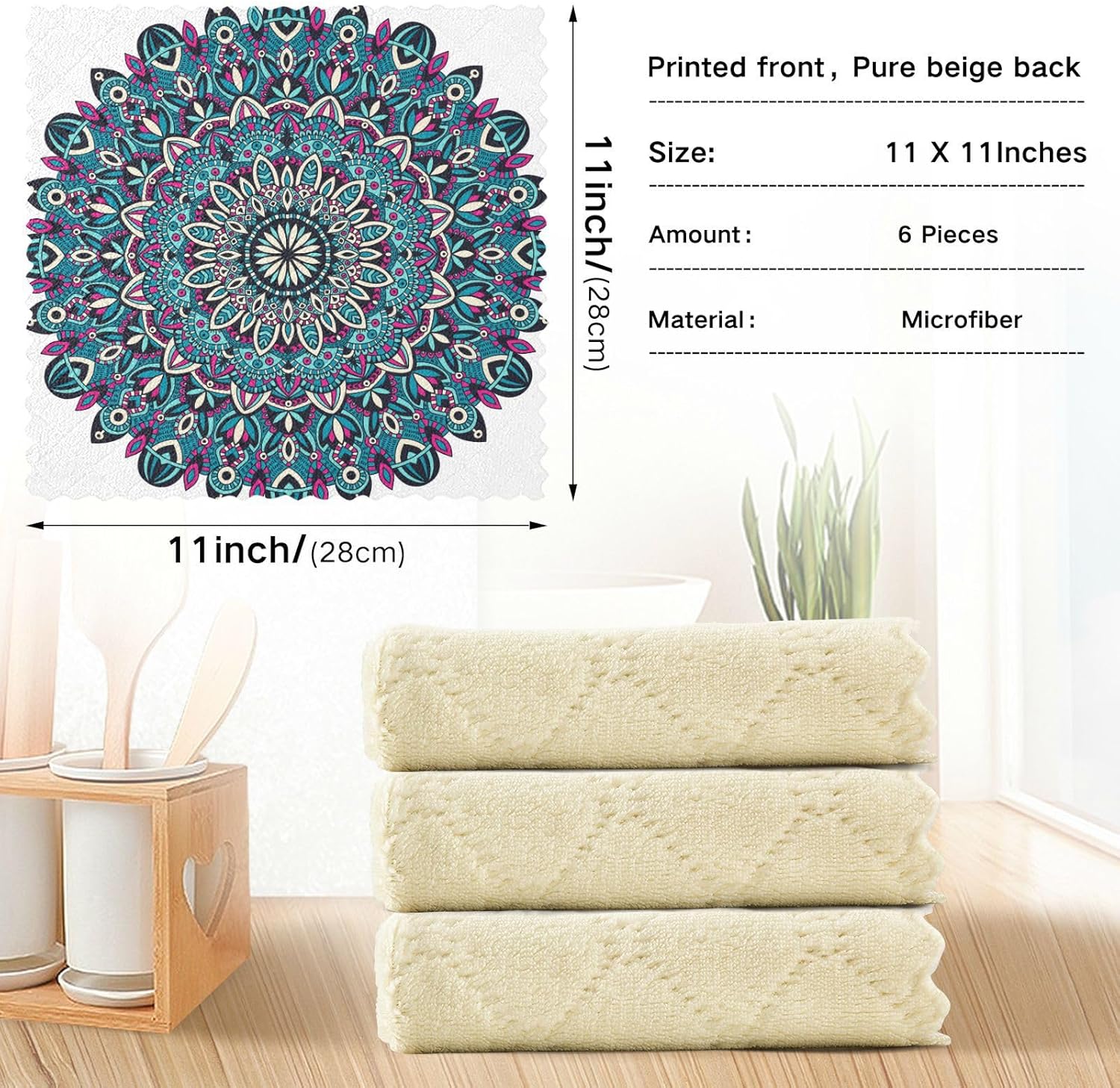 Tribal Vintage Mandala Floral Set of 6 Quick Dry Kitchen Towels and Dishcloths Sets Microfiber Print Cotton Car Drying Towels for Bathroom