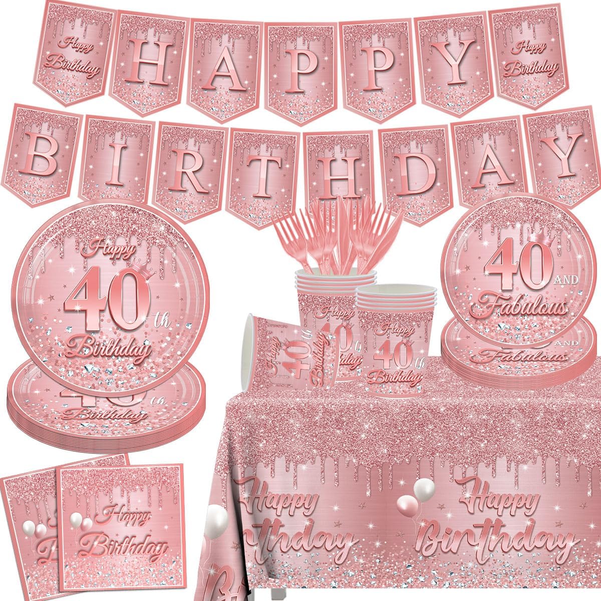 Suministros de oro rosa para cumpleaños de 40 años, 142 piezas de vajilla de oro rosa con purpurina que incluye platos de cumpleaños 40 y