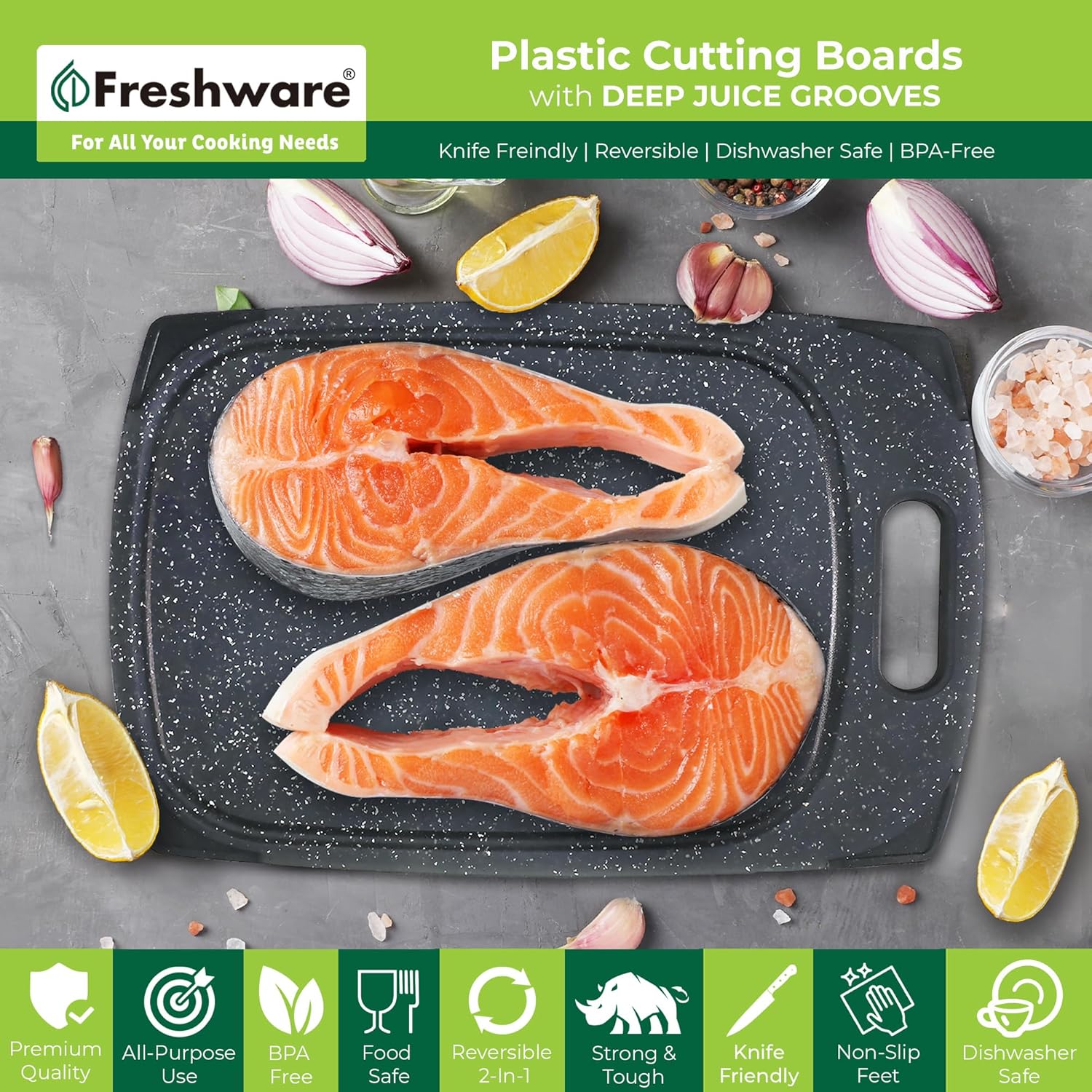 Juego de 3 tablas de cortar de plástico para cocina, ranuras para jugos con mango de fácil agarre, sin BPA, no porosas, aptas para lavavajillas,
