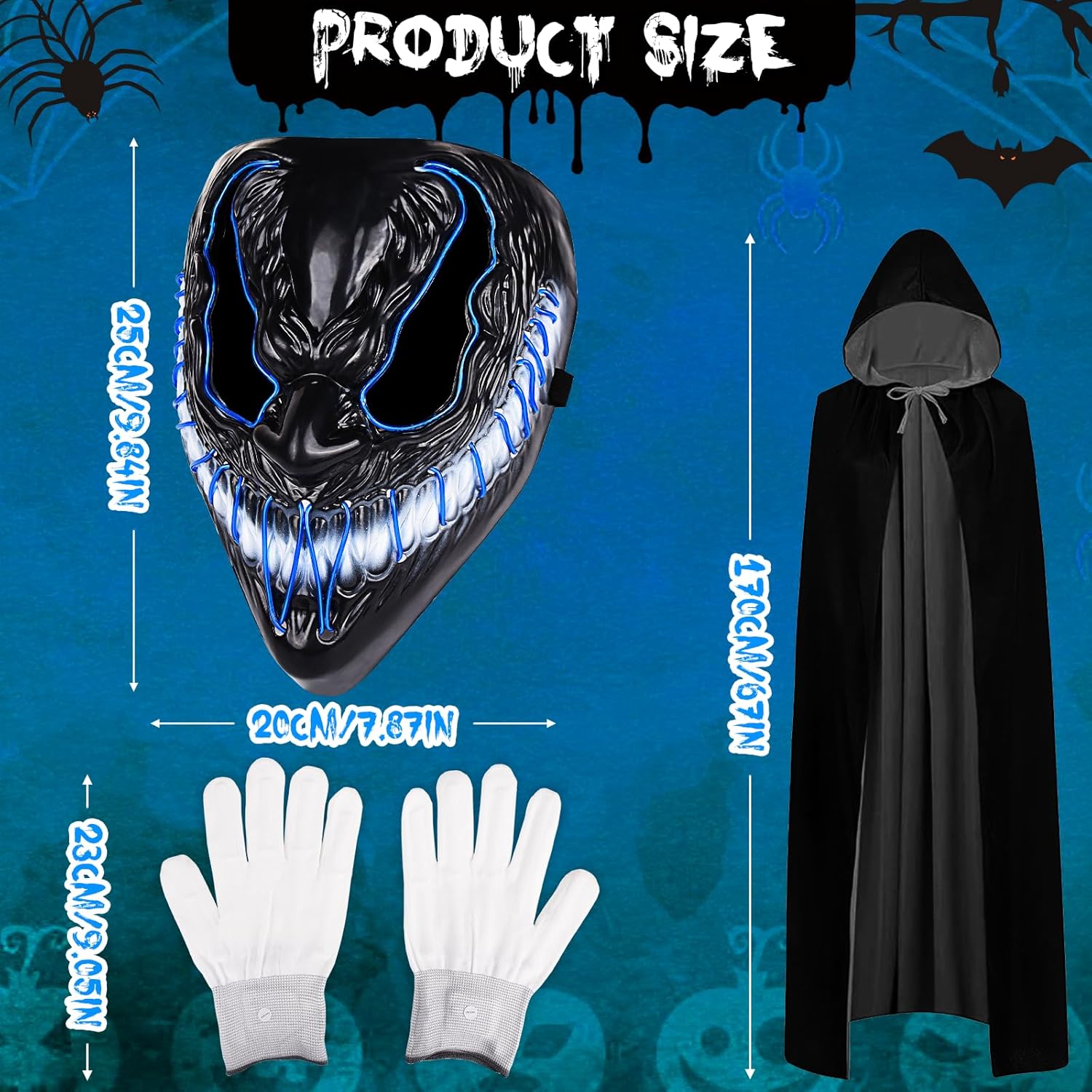 Neragron Máscara LED de Halloween, máscara de luz de neón, máscara de luz aterradora con 3 modos de iluminación para cosplay, disfraz de carnaval