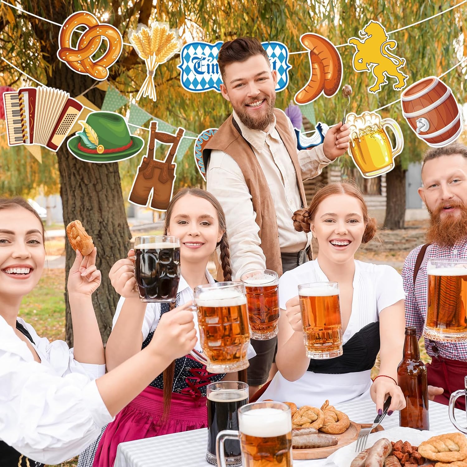 Whaline Guirnalda de pancartas de Oktoberfest alemán bávaro de papel para colgar, decoración de fiesta de Oktoberfest para accesorios de fotos,