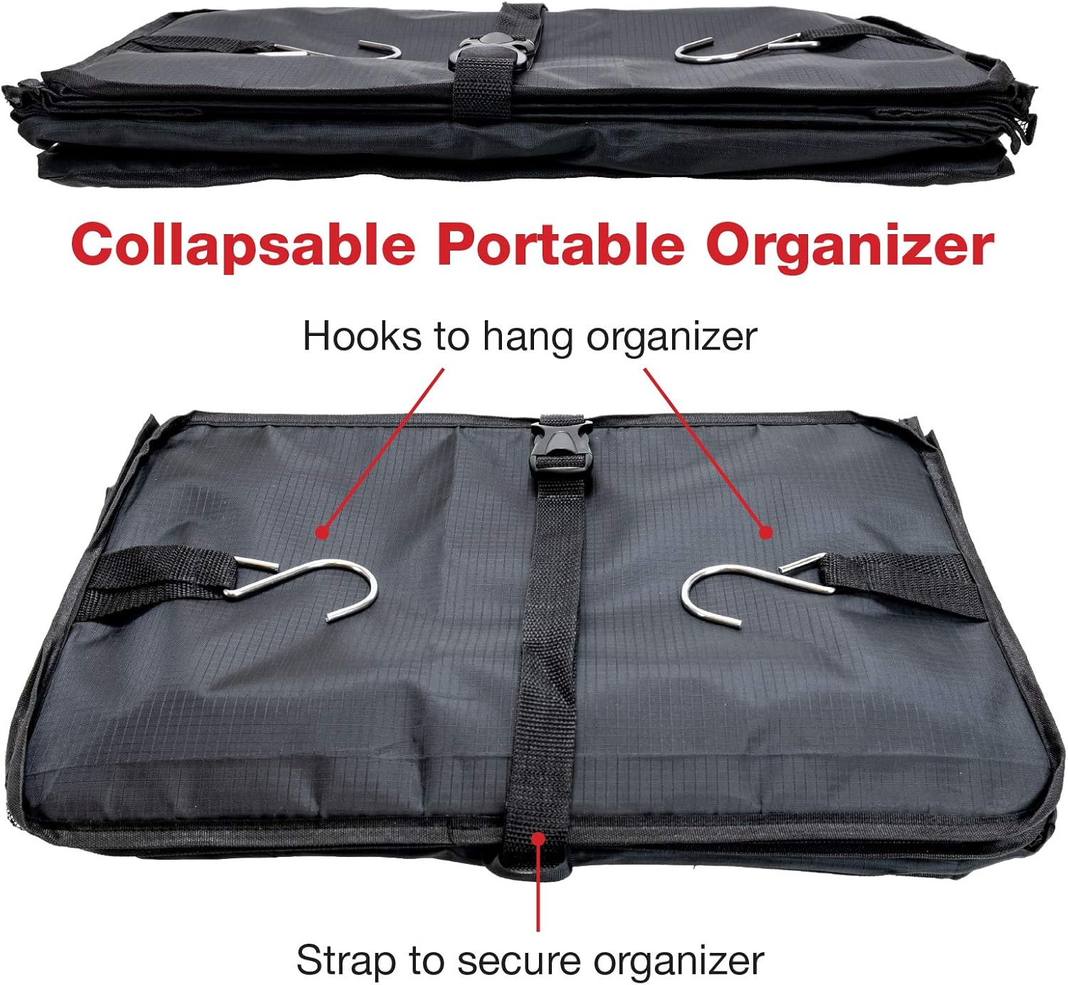 Organizador de almacenamiento colgante portátil plegable con compartimento con cremallera, perfecto para viajes y embalaje, Negro –