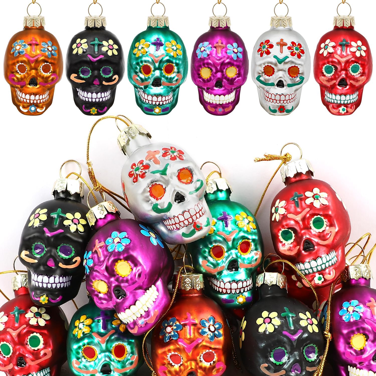 12 adornos de calavera de cristal del Día de los Muertos, adornos colgantes de calavera de azúcar para Halloween, decoración de cabeza de esqueleto