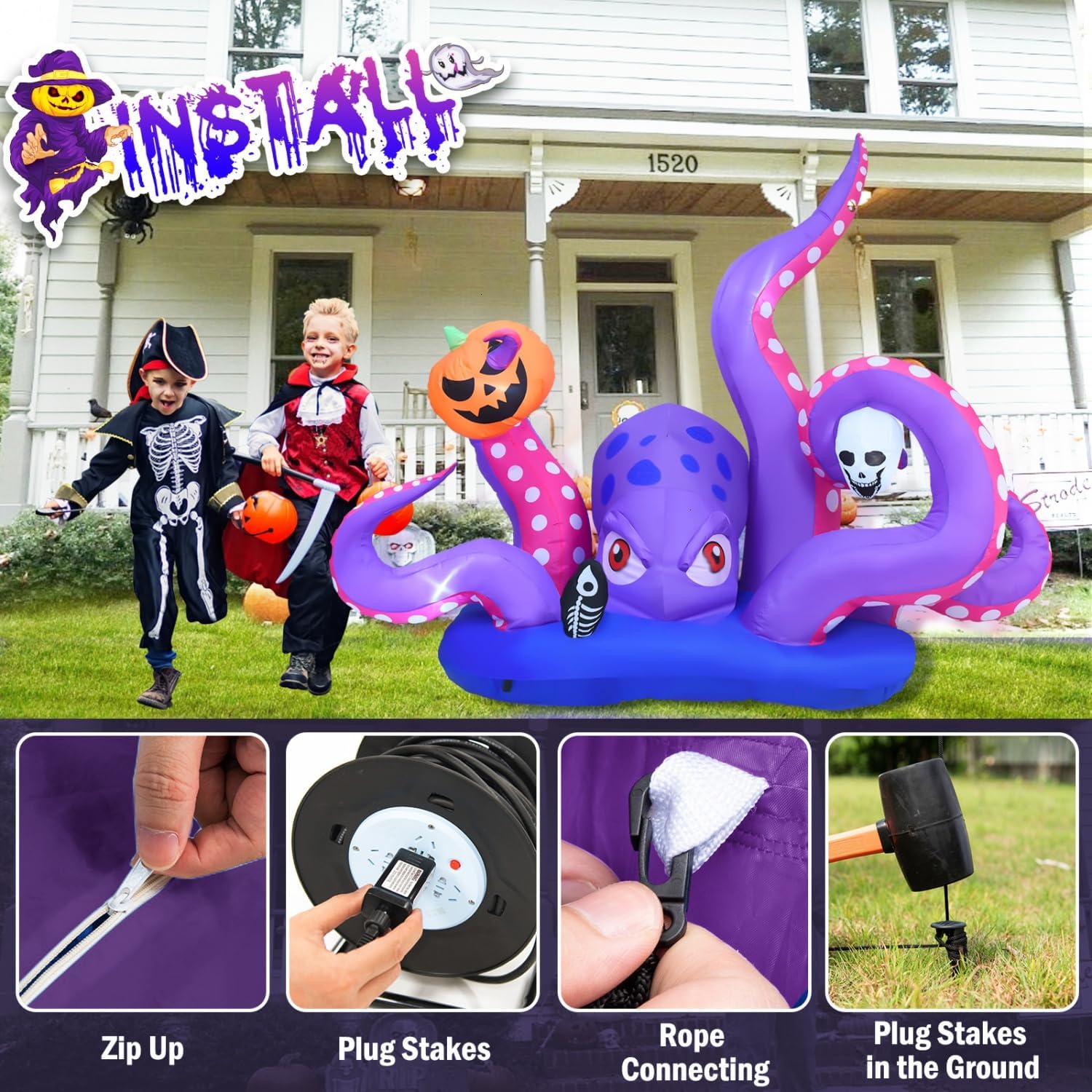 Pulpo gigante inflable de Halloween con calabaza y calavera para decoración de Halloween al aire libre, decoración inflable de Halloween con LED