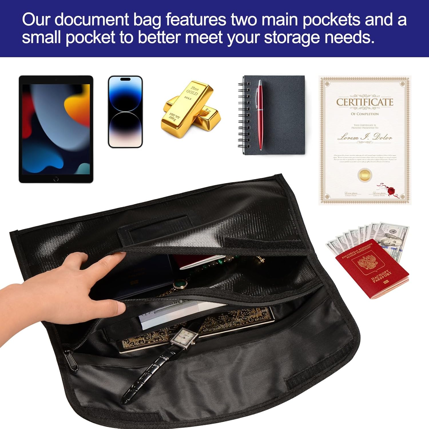 Bolsa de documentos ignífuga (5200) para efectivo, pasaporte, documentos importantes y objetos de valor, bolsa de dinero ignífuga