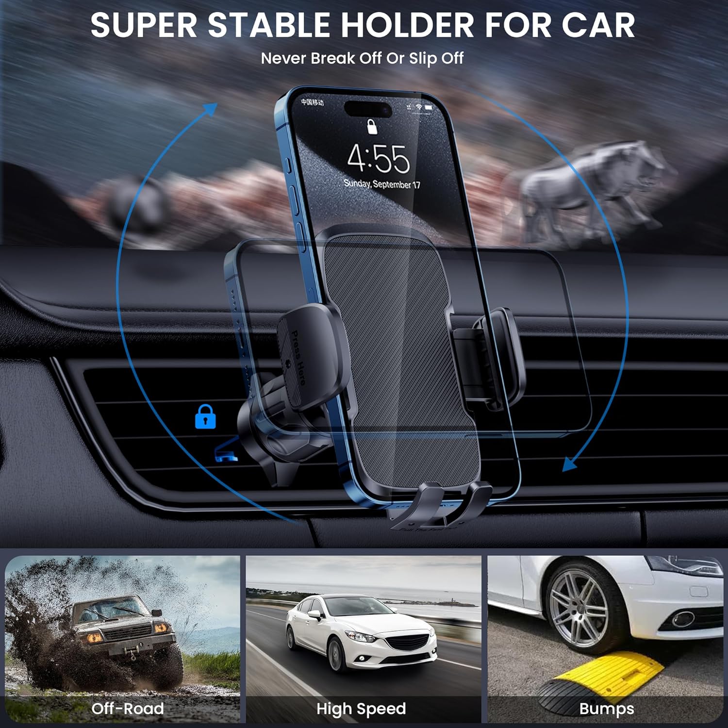 BIVGAZA Soporte de teléfono para automóvil, base de adhesión mejorada 3 en 1 Soporte universal para teléfono de coche para ventilación de automóvil,