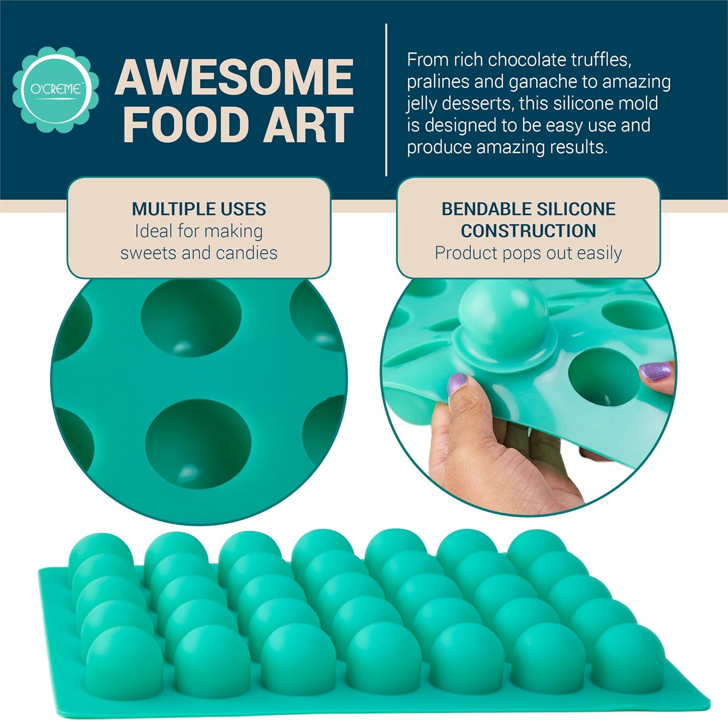 O’crème – Moldes de silicona de trufa, molde redondo de silicona, uso comercial y no comercial, moldes esféricos para trufas de chocolate, ganache,