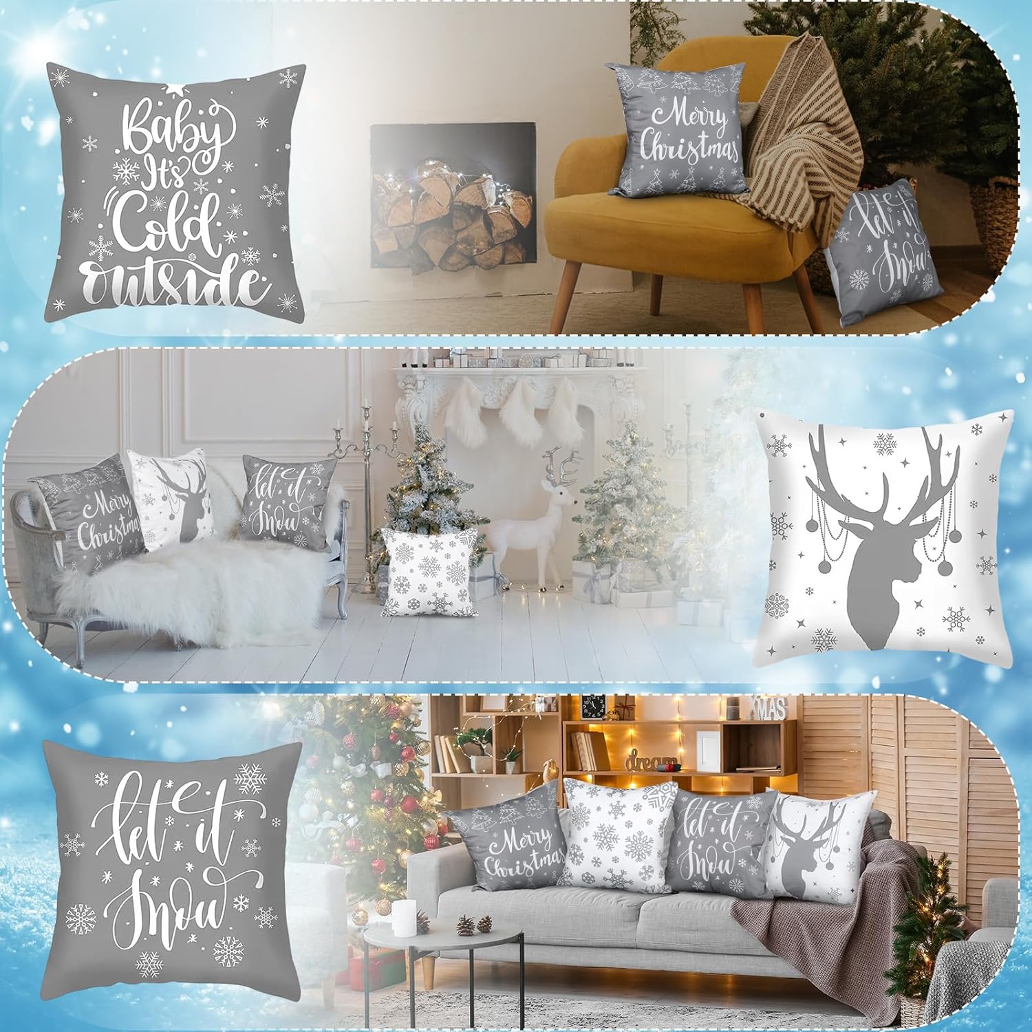 6 fundas de almohada de Navidad de 18 x 18 pulgadas, fundas de almohada de Navidad, fundas de almohada de invierno con copos de nieve, decoración