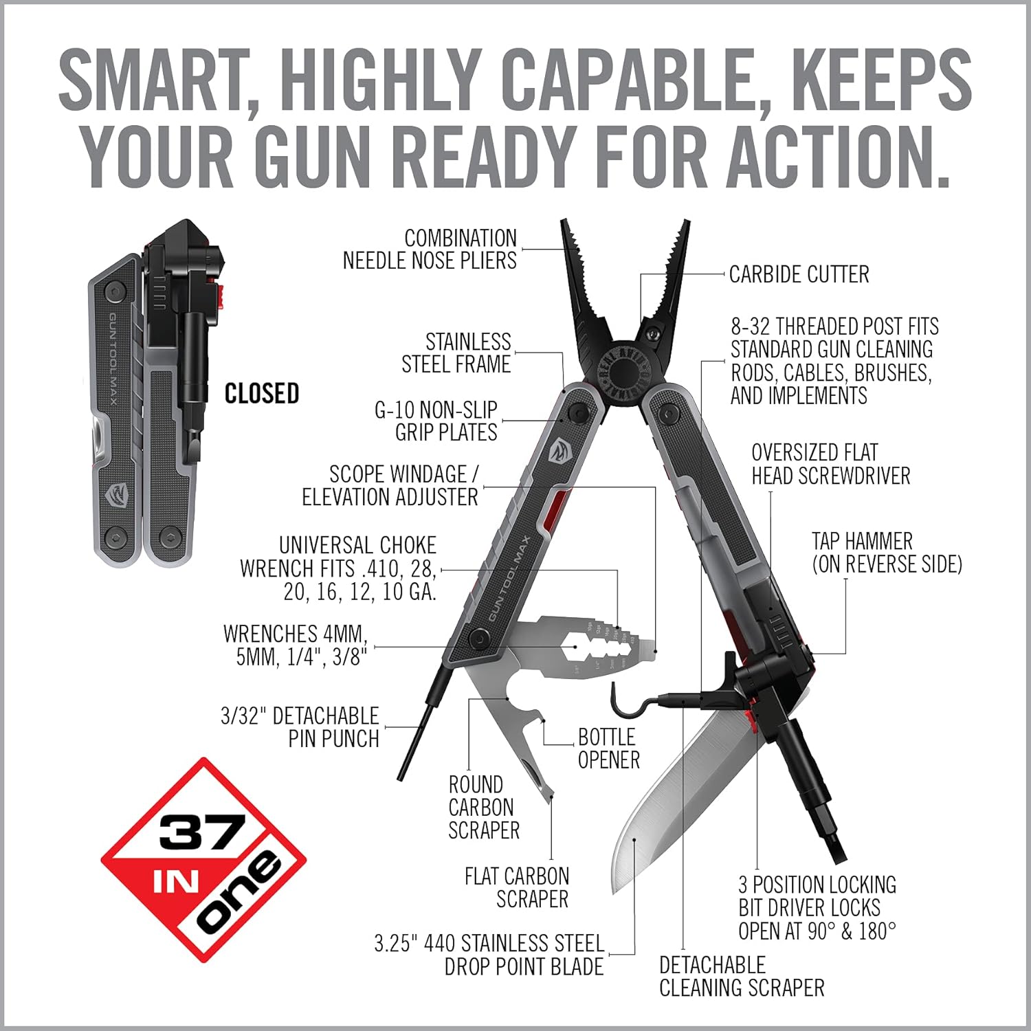 Real Avid Gun Tool Max, multiherramienta 37 en 1 para armería, incluye alicates, cortadores de alambre, hoja de cuchillo, llave de estrangulador