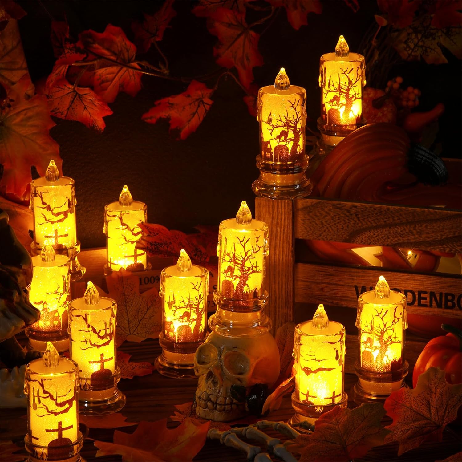 LOYIM 12 velas de Halloween sin llama que funcionan con pilas, velas LED 3D de luz cálida, velas de pilar de cristal con piedra sepulcral y gato
