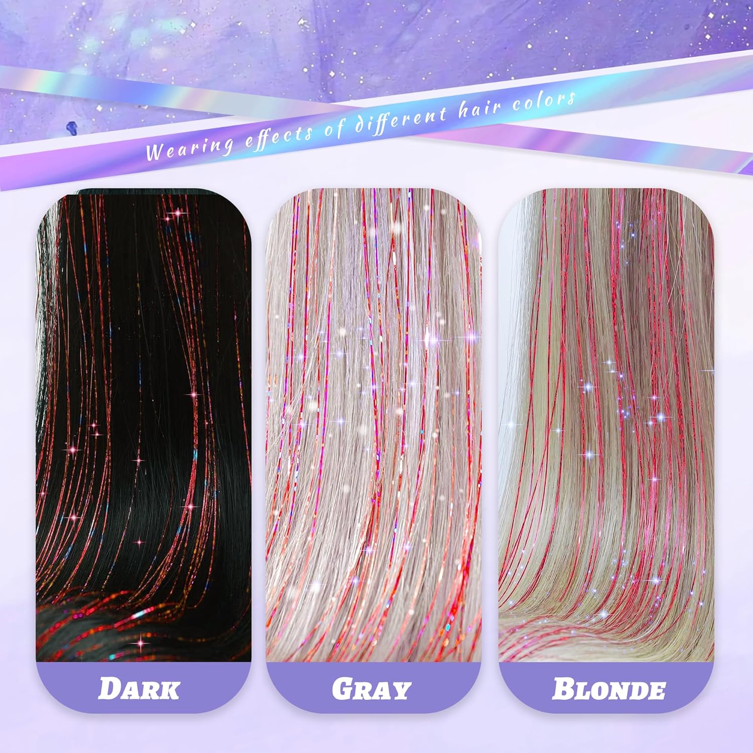 Kit de oropel con clip, 6 extensiones de cabello de oropel con clip, resistentes al calor de hadas con purpurina, accesorios para el cabello