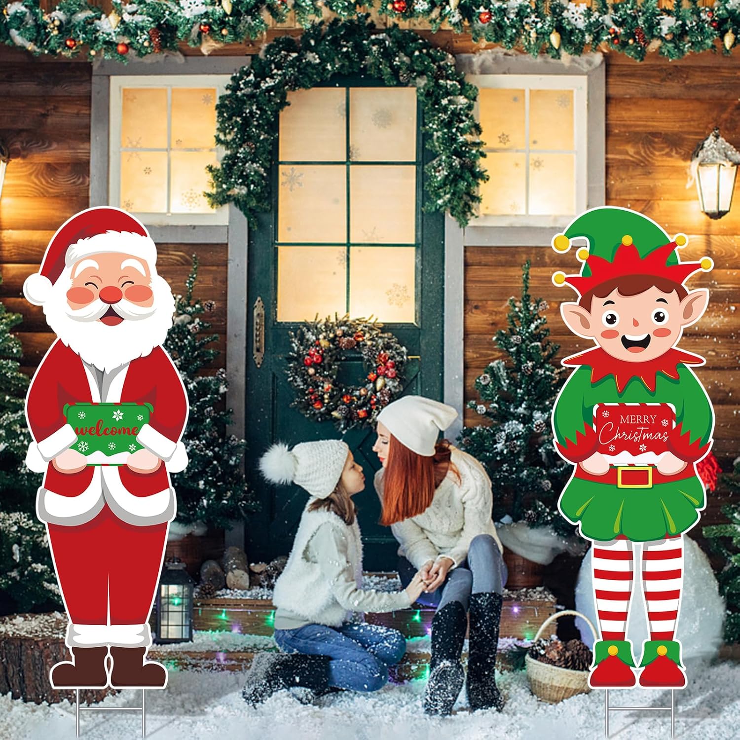 2 carteles de Navidad con estacas de elfo grande, decoraciones de Navidad al aire libre, césped de Navidad, letrero de bienvenida para Navidad,